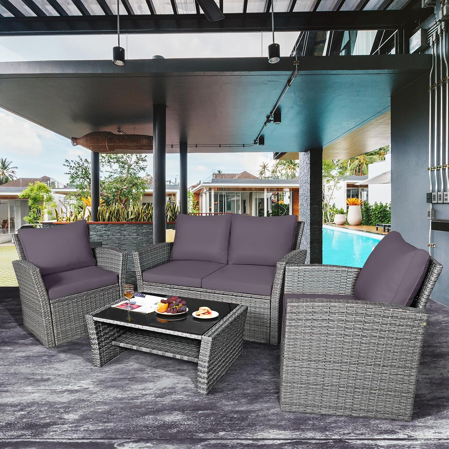 Tangkula 4 Pieces Patio Furniture Set, All Weather Outdoor Sectional Rattan Sofa Set with Cushions & Tempered Glass Table, Wicker Conversation Couch Set for Backyard Garden Poolside