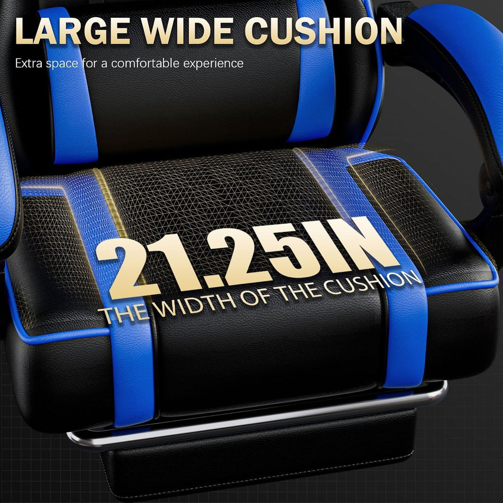 Ergonomic Gaming Chair with Footrest, PU Leather Video Game Chairs for Adults, 360°Swivel Adjustable Office Chair Gamer Chair, Comfortable Computer Chair for Heavy People (Blue)