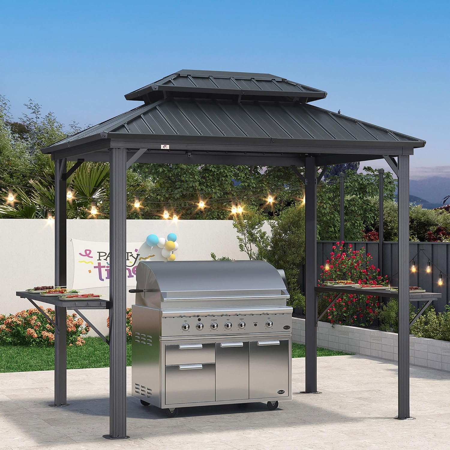 PURPLE LEAF 6' X 8' Hardtop Grill Gazebo for Patio Permanent Aluminum Barbeque Shelter Canopy with Ceiling Hook and Shelves Double Tiered Grey Outdoor BBQ Gazebo
