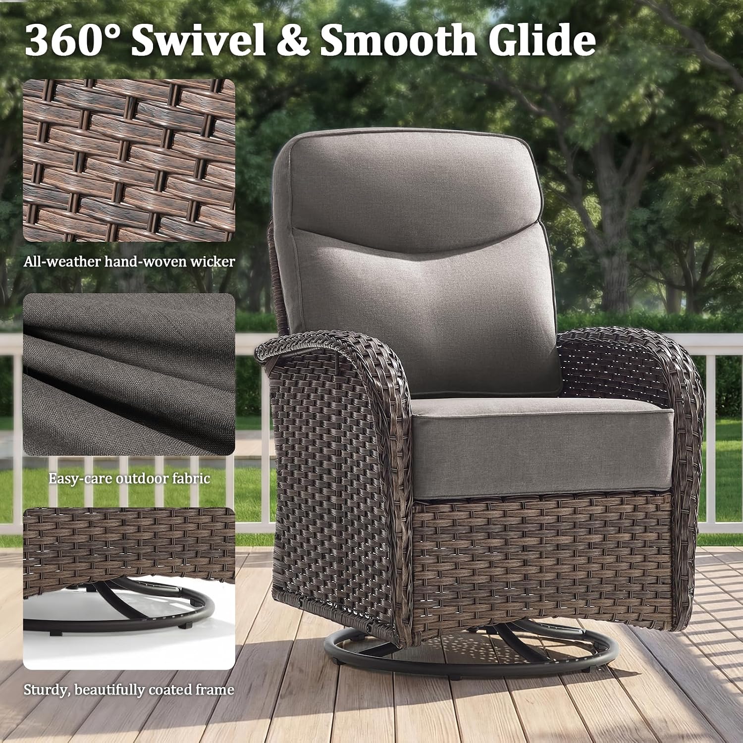 Outdoor Swivel Rocking Chair Patio Set (3-Piece), High-Back - Thick Cushion Swivel Rocking Chair Patio Set, All-Weather Wicker Patio Furniture Set, Suitable for Balcony Patios, Brown/Gery