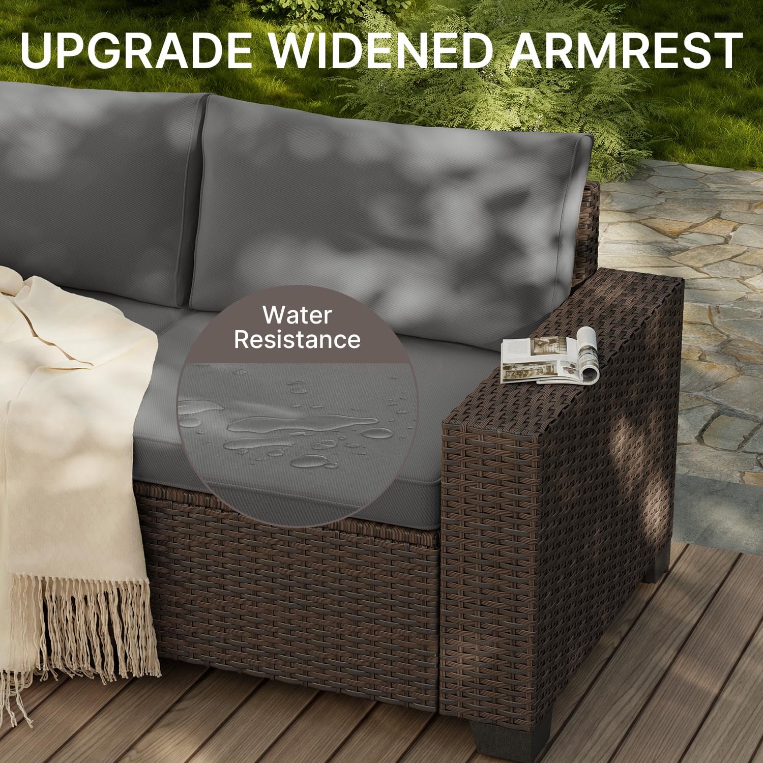 Gizoon 6-Piece Outdoor Patio Furniture Set, PE Wicker Rattan Sectional Sofa Conversation Set with Thickened Cushions and Coffee Table, All-Weather Patio Furniture for Garden, Backyard, Poolside, Grey