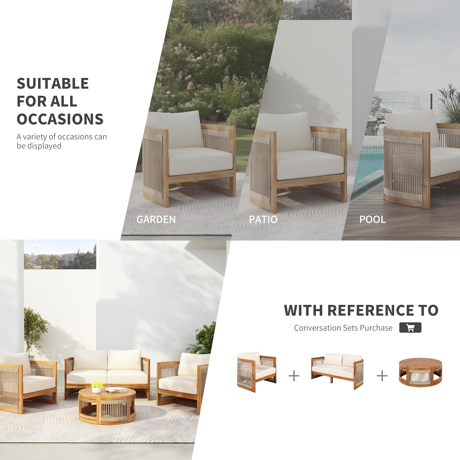 Christopher Knight Home Nesbit 4 Pieces Conversation Set, Acacia Wood Chat Set, Woven Rope Loveseat and Accent Chairs, Slat Panel Coffee Table, Patio Furniture Set for Backyard Balcony Garden, Beige