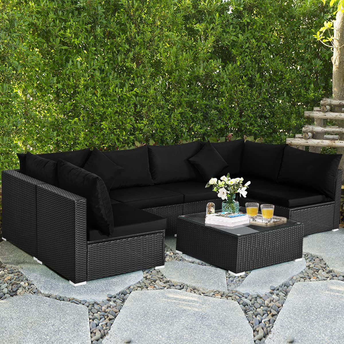 COSTWAY 7 Pieces Patio Furniture Set, Outdoor Rattan Conversation Set with 6 Seats, Coffee Tea Table, Soft Cushions, Wicker Patio Sectional Sofa for Garden Balcony Porch Poolside, Black