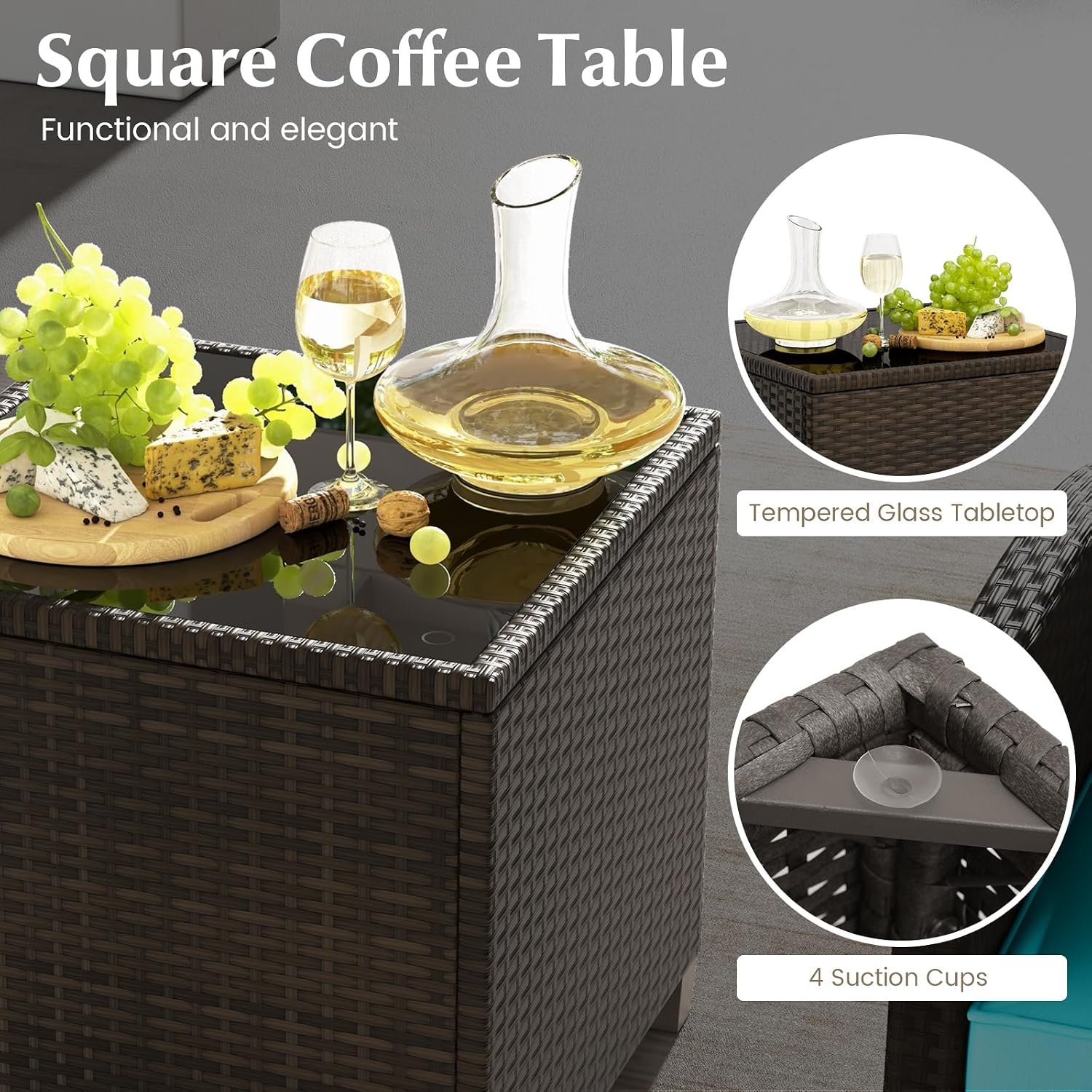 KOTEK 5 Pieces Patio Furniture Set with Ottomans, Wicker Patio Conversation Set with Coffee Table & Cushions, PE Rattan Outdoor Lounge Chairs for Backyard, Porch, Poolside (Mix Brown- Turquoise)