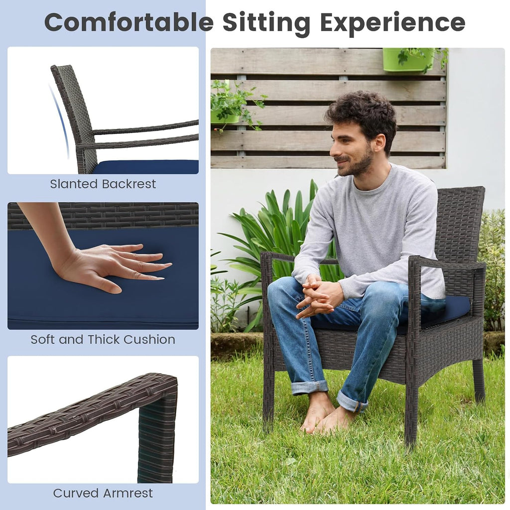 Tangkula 8 Pieces Outdoor Conversation Set, Patio PE Wicker Sofa with Tempered Glass Coffee Table, Soft Seat Cushions Included, Modern Rattan Chair Table Set for Porch, Backyard (2, Navy)