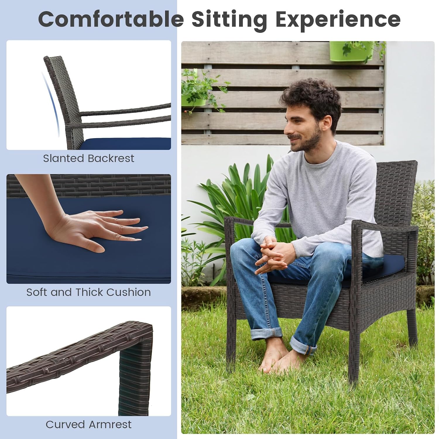 Tangkula 8 Pieces Outdoor Conversation Set, Patio PE Wicker Sofa with Tempered Glass Coffee Table, Soft Seat Cushions Included, Modern Rattan Chair Table Set for Porch, Backyard (2, Navy)