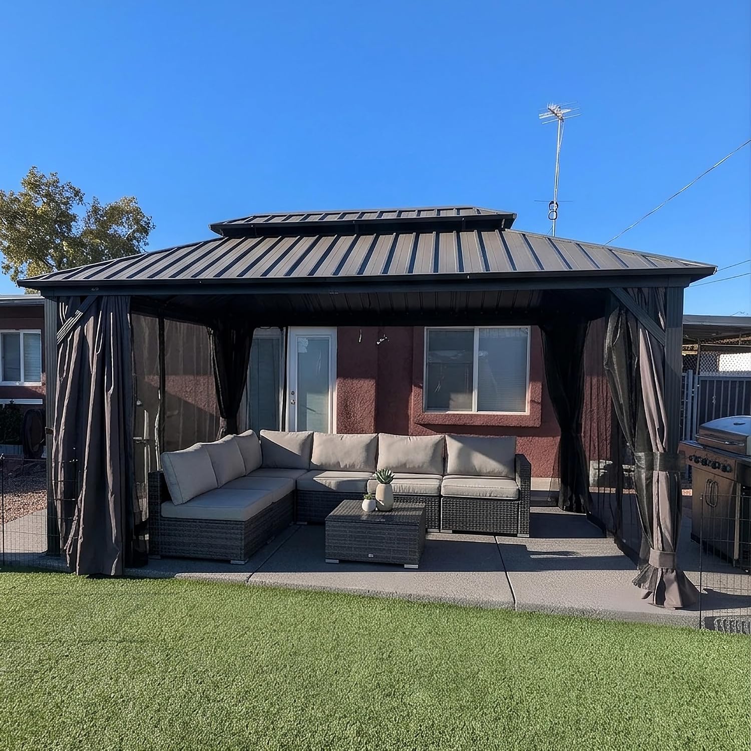 PURPLE LEAF 10' X 16' Permanent Hardtop Gazebo Aluminum Frame with Galvanized Steel Double Vented Roof Includes Removable Netting and Curtains with Hooks for Garden Patio Lawns Grey