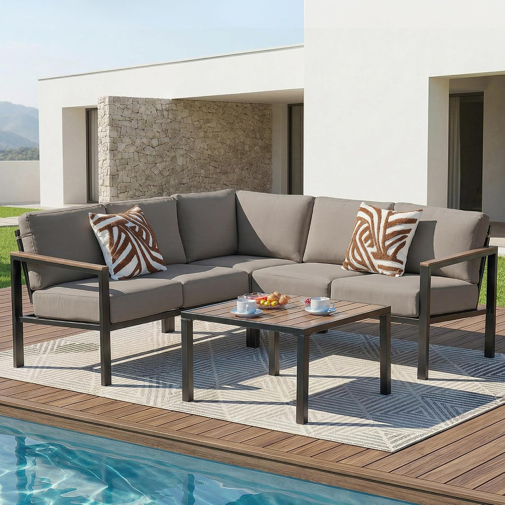 NATURAL EXPRESSIONS 6 Pieces Patio Furniture Set, Outdoor Couch with Thick Olefin Cushions, Fauxwood Armrest and Tabletop, Ergonomic Highback, Sectional Outdoor Furniture for Backyard, Deck Shale