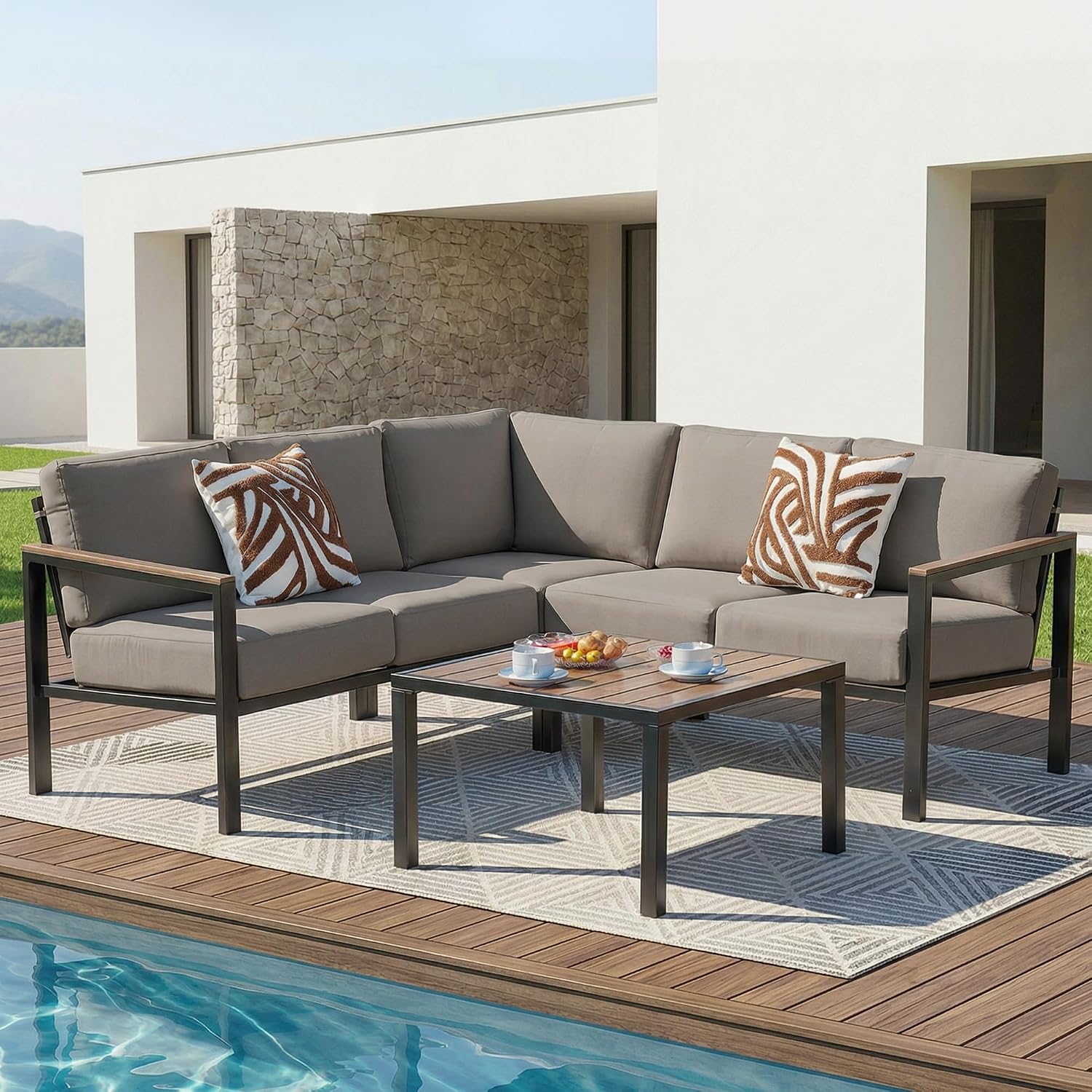 NATURAL EXPRESSIONS 6 Pieces Patio Furniture Set, Outdoor Couch with Thick Olefin Cushions, Fauxwood Armrest and Tabletop, Ergonomic Highback, Sectional Outdoor Furniture for Backyard, Deck Shale