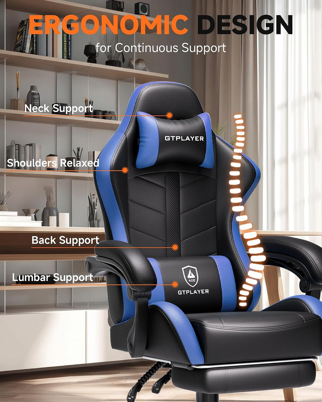 GTPLAYER Gaming Chair with Footrest, Computer Gaming Chair for Adults and Kids, Height Adjustable Gamer Chair with 90-155° Recline & Removable Headrest Lumbar Support, Dark Black-Blue