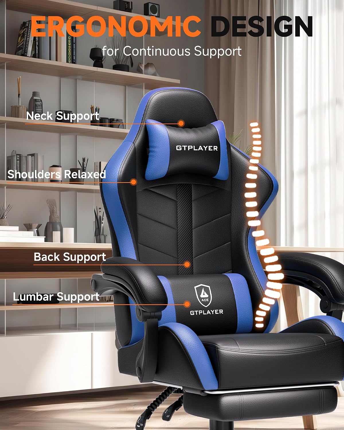 GTPLAYER Gaming Chair with Footrest, Computer Gaming Chair for Adults and Kids, Height Adjustable Gamer Chair with 90-155° Recline & Removable Headrest Lumbar Support, Dark Black-Blue