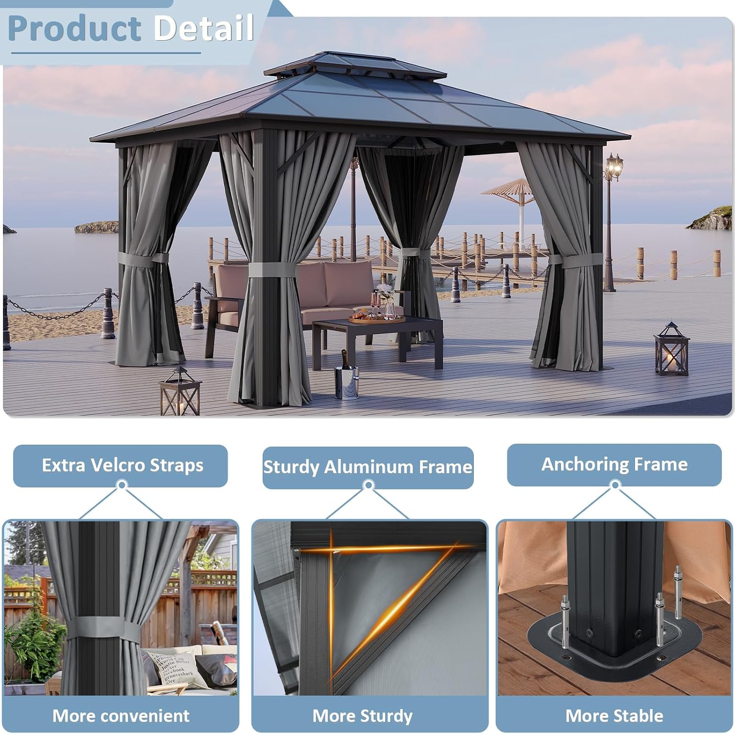 Aoxun 10'x12' Hardtop Gazebo, Aluminum Framed Outdoor Gazebo with Double Polycarbonate Roof, Durable Pavilion with Curtains & Netting for Patio, Garden, and Lawn