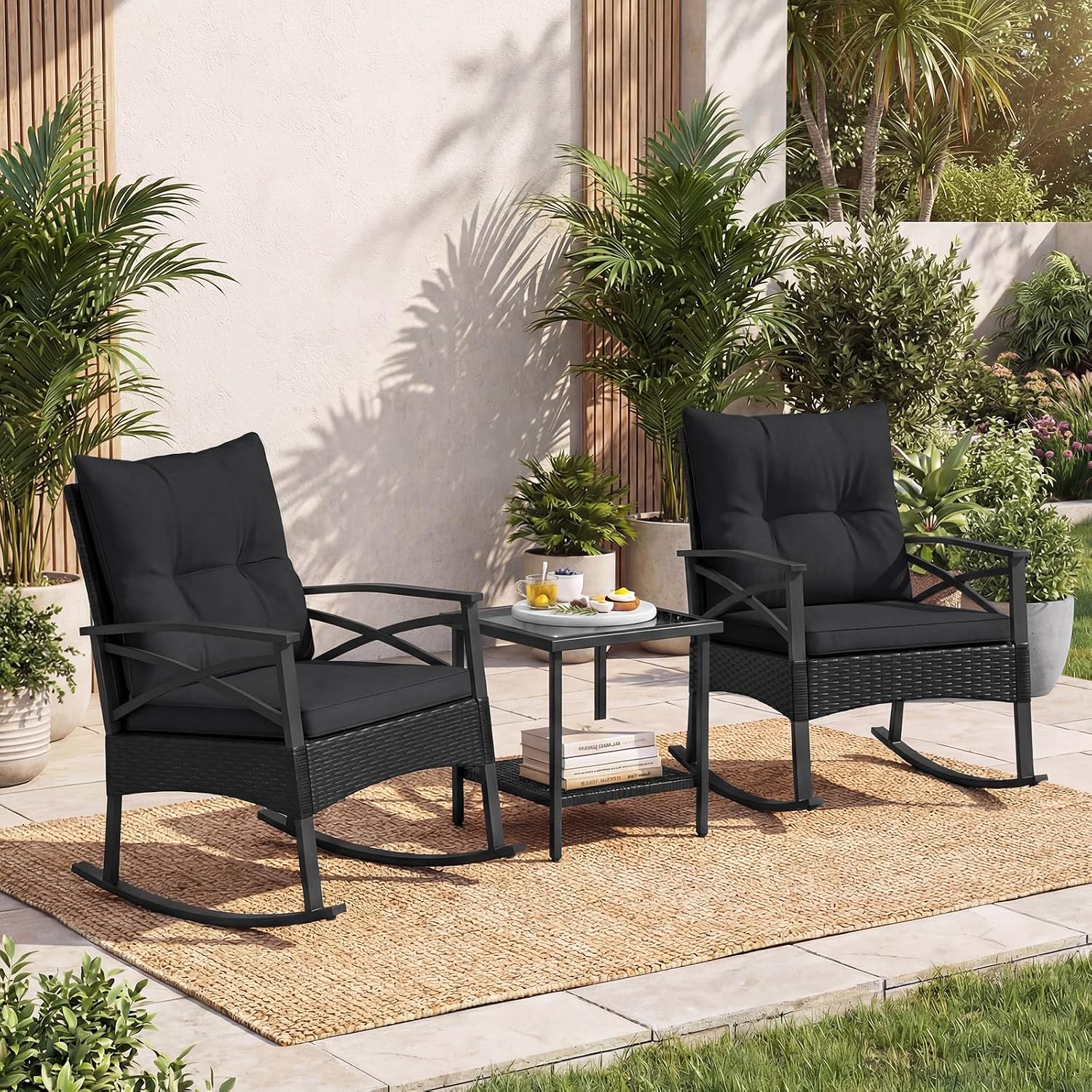 Tangkula 3 Pieces Outdoor Rocking Chairs Set, Rattan Heavy Duty Cushioned Rocker Chairs with 2-Tier Tempered Glass Coffee Table, for Garden, Balcony, Backyard (Black+Gray)
