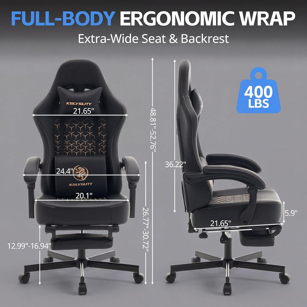 Gaming Chair Breathable Leather with Pocket Spring Cushion, Wide and High Ergonomic Office Chair with Headrest, Computer Gaming Chair with Footrest for Adult and Teen (Black Leather)