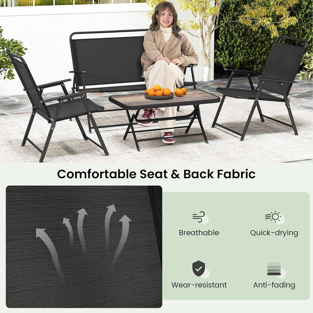 Tangkula 4 Piece Folding Patio Furniture Set, Metal Chair & Table Set with Breathable Fabric Seat, Outdoor Sectional Conversation Set with 2 Patio Chairs, Loveseat, Coffee Table for Yard Porch Deck