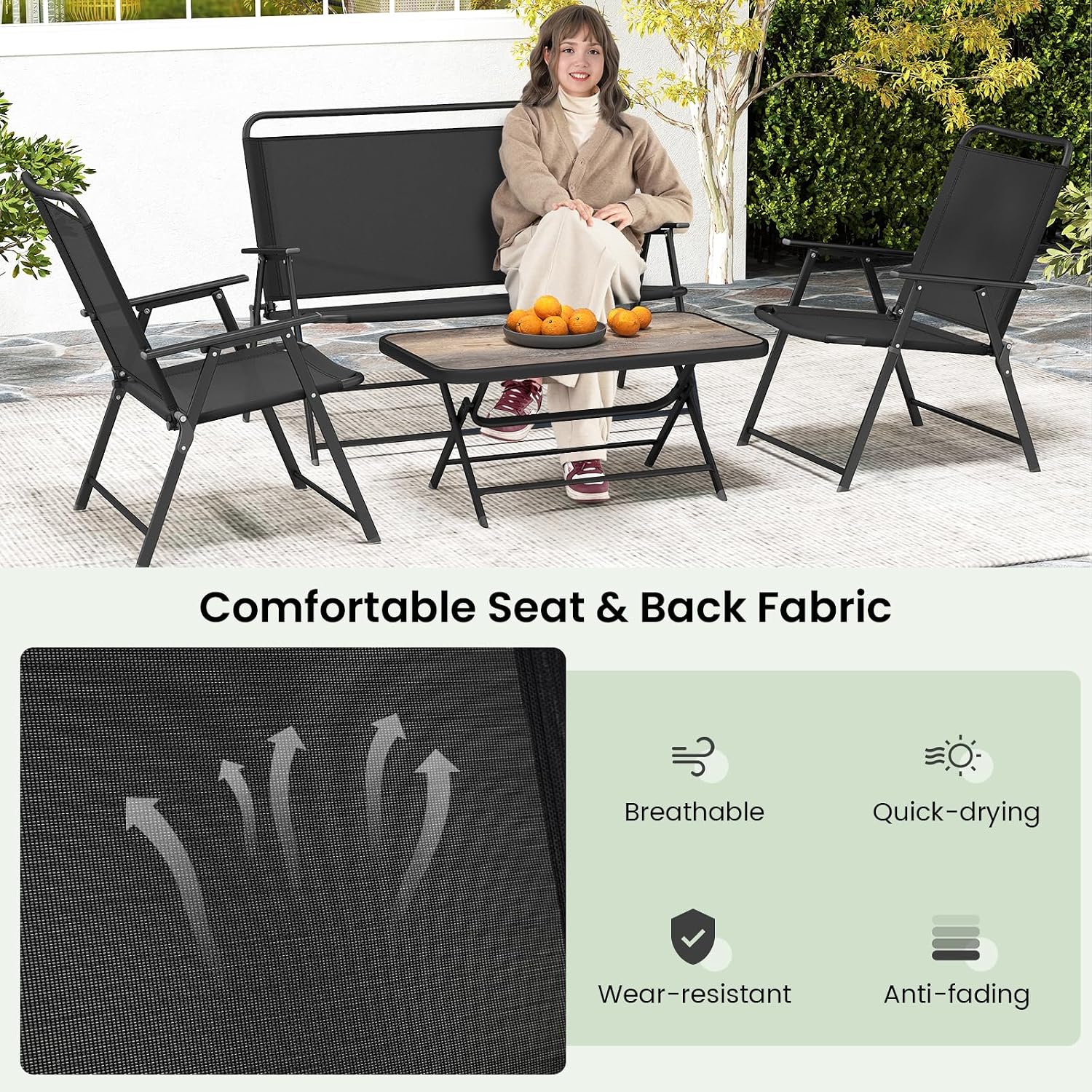 Tangkula 4 Piece Folding Patio Furniture Set, Metal Chair & Table Set with Breathable Fabric Seat, Outdoor Sectional Conversation Set with 2 Patio Chairs, Loveseat, Coffee Table for Yard Porch Deck