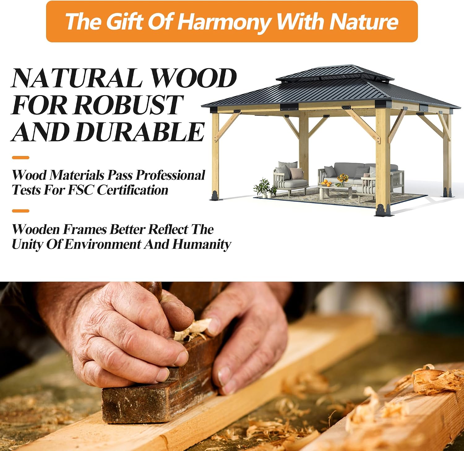 13'x15' Outdoor Wooden Gazebo - Patio Galvanized Steel Gazebos with Double Vented Roof, Heavy-Duty Wood Gazebo for Garden, Lawn, Poolside, Backyard Deck