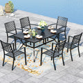 PHI VILLA 7 Piece Metal Outdoor Patio Dining Bistro Sets with Umbrella Hole, 60.2' x 37.8' Rectangle Patio Table and 6 Backyard Garden Outdoor Chairs, Black