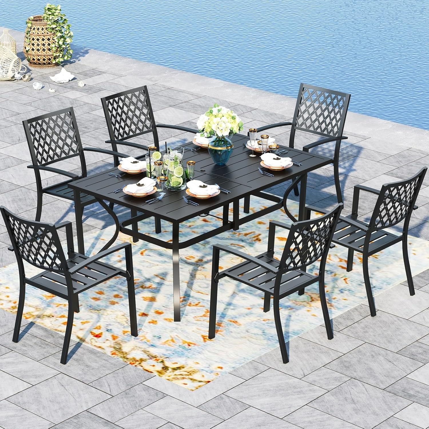 PHI VILLA 7 Piece Metal Outdoor Patio Dining Bistro Sets with Umbrella Hole, 60.2' x 37.8' Rectangle Patio Table and 6 Backyard Garden Outdoor Chairs, Black