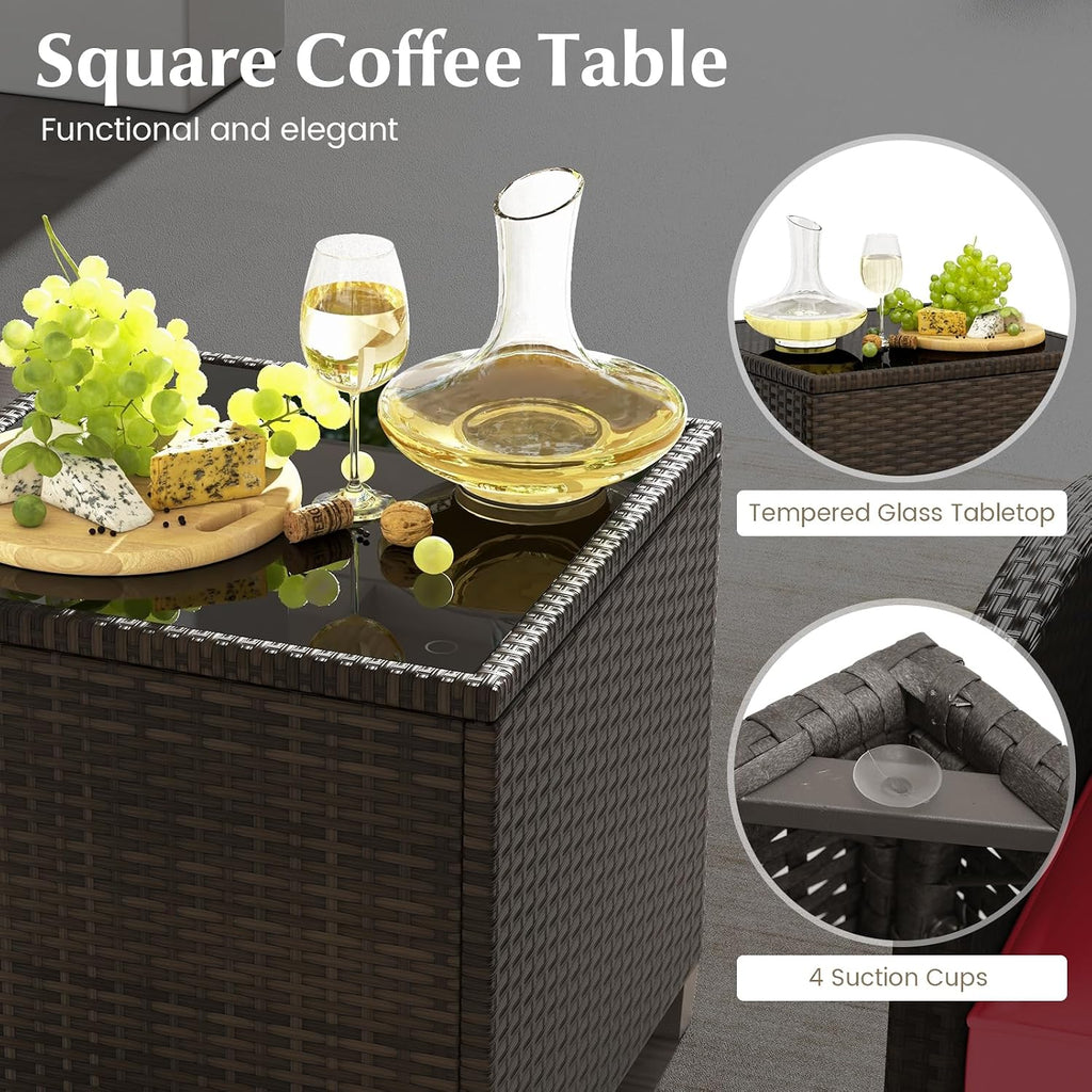 KOTEK 5 Pieces Patio Furniture Set with Ottomans, Wicker Patio Conversation Set with Coffee Table & Cushions, PE Rattan Outdoor Lounge Chairs for Backyard, Porch, Poolside (Mix Brown- Red)