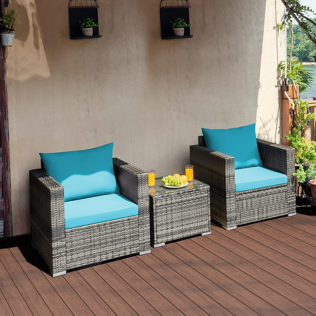 COSTWAY 3-Piece Patio Furniture Set, Outdoor Wicker Rattan Sofa with Cushions and Coffee Table, Conversation Chair Set for Poolside Backyard Balcony Lawn (Turquoise)