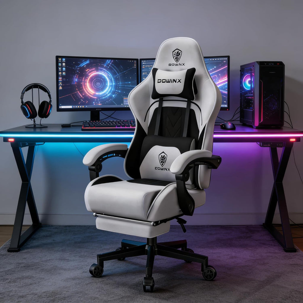Dowinx Gaming Chair Fabric with Coil Spring Cushion, Ergonomic Game Chair for Adults with Footrest and Massage Lumbar Support, Cloth Computer Office Chair 350LBS, Black Grey