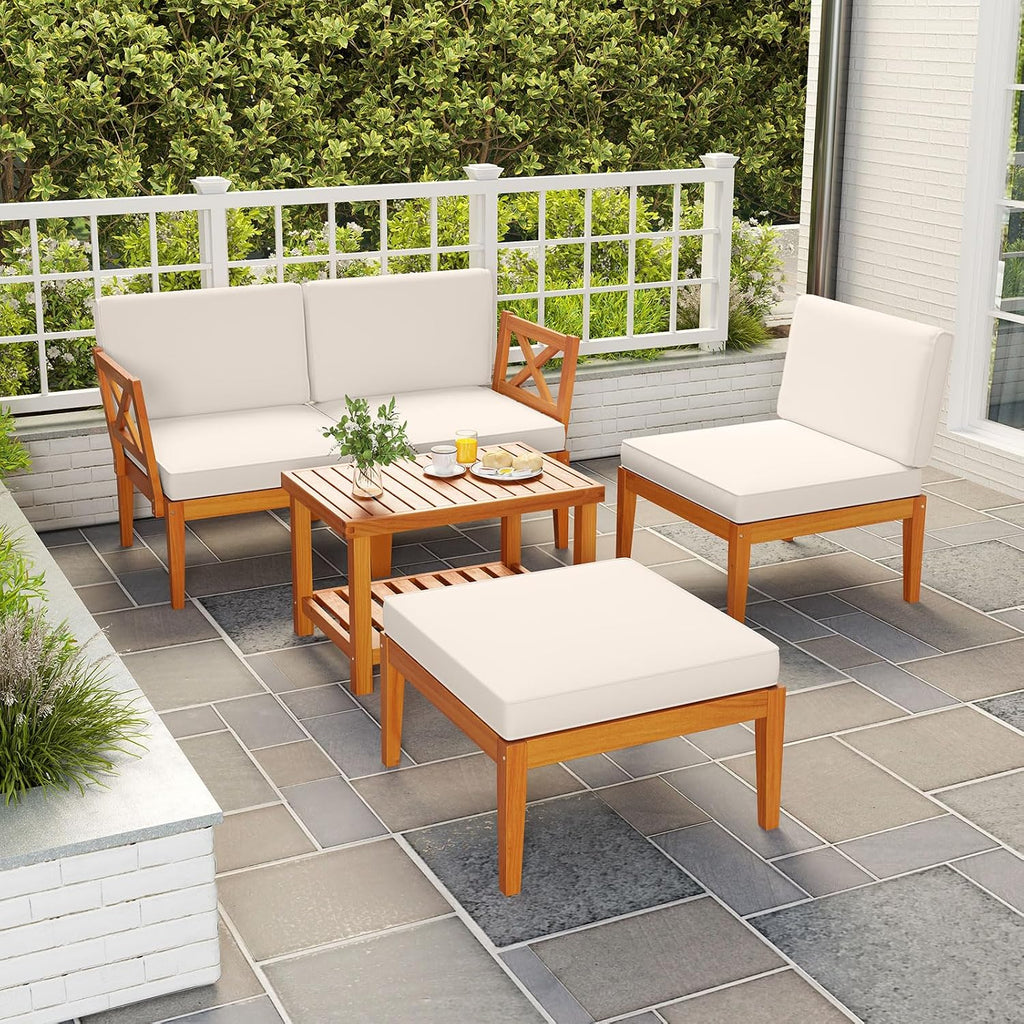 Tangkula L Shaped Outdoor Furniture Set, 5 Pieces Acacia Wood Patio Conversation Set, Modular Outdoor Lounge Sofa Set w/Cushions and Coffee Table for Garden, Backyard, Poolside