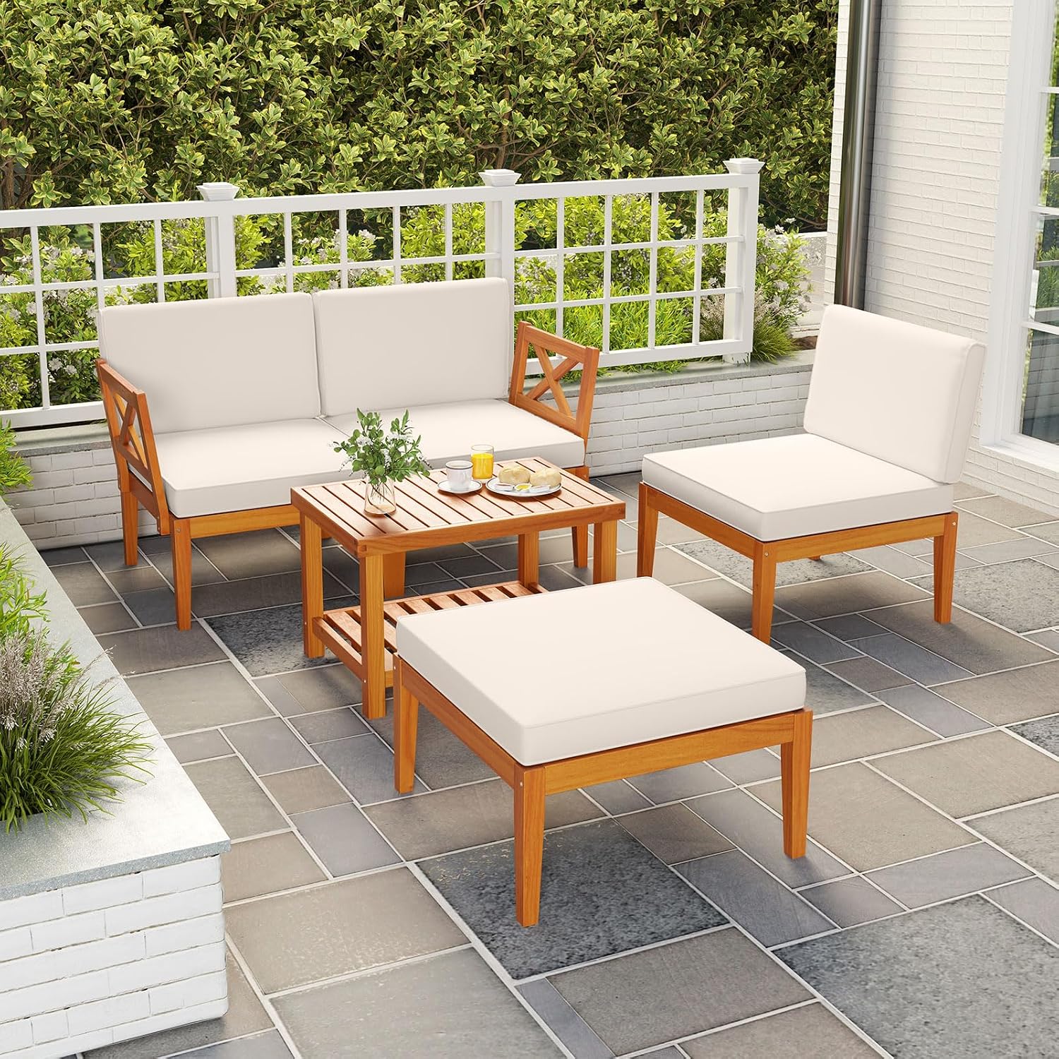 Tangkula L Shaped Outdoor Furniture Set, 5 Pieces Acacia Wood Patio Conversation Set, Modular Outdoor Lounge Sofa Set w/Cushions and Coffee Table for Garden, Backyard, Poolside