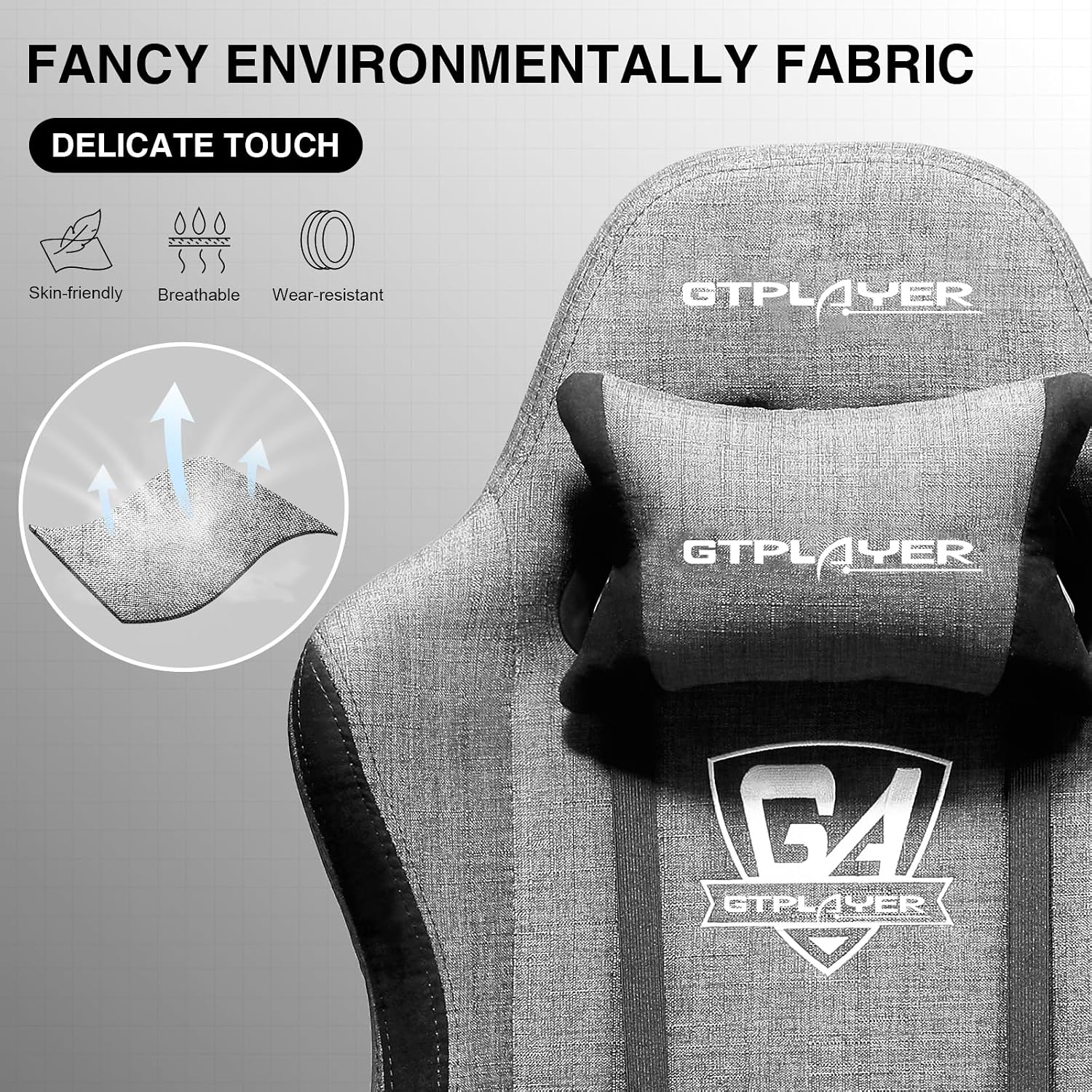 GTPLAYER Gaming Chair with Footrest, Fabric Breathable Big and Tall Ergonomic Computer Chair 350 lbs with Adjustable Lumbar Support and Recliner, High Back Game Chair for Office Gaming, Grey