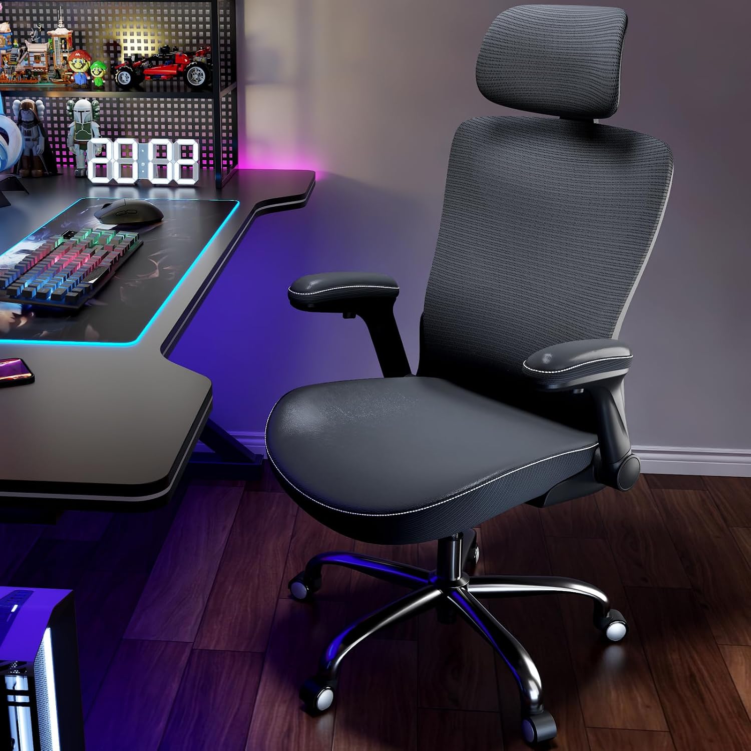 Ergalithic Ergonomic Office Chair-Computer X-Shaped Chair Mesh PU Leather with Adjustable Lumbar Support-Executive Desk Chair High Back with Headrest Flip-Up Arms for Long Hours (Black)