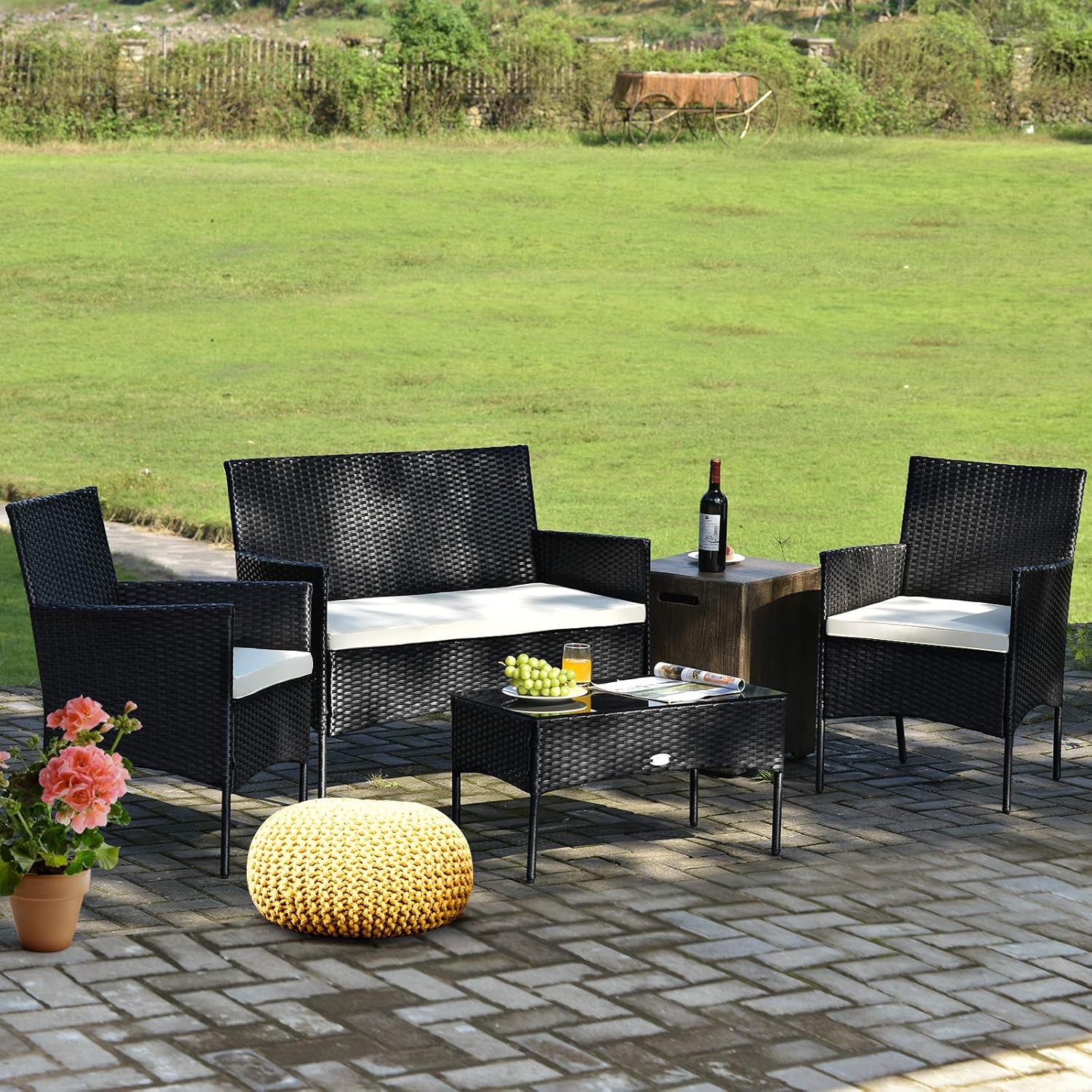 Tangkula 4 Piece Patio Furniture Set, Outdoor Wicker Conversation Set with Tempered Glass Coffee Table, Rattan Loveseat & Chairs Set with Seat Cushions for Backyard, Garden, Poolside (1, Beige)