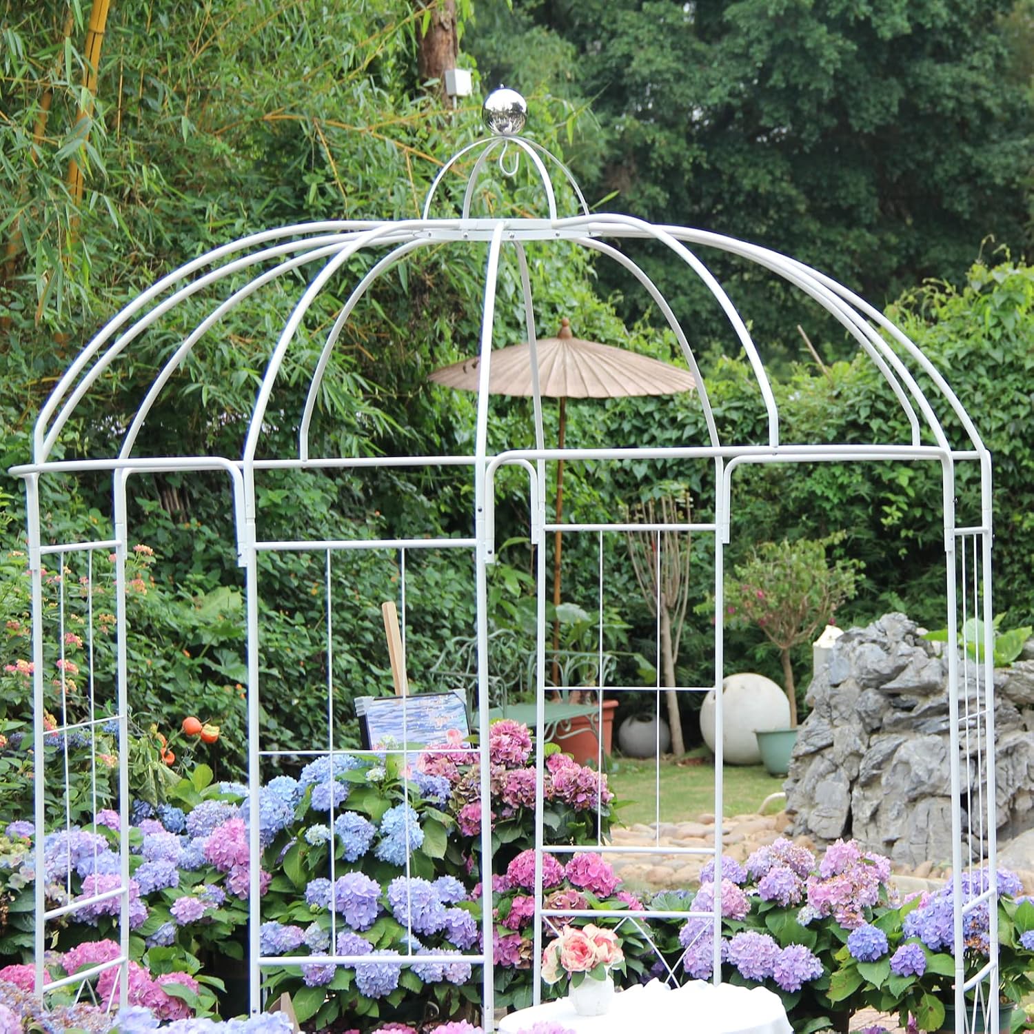Birdcage Shape Garden Arches Arbors,9' High x 6.8' Wide,Metal Gazebo White Enduring Iron Trellis Plants Stand Use for Outdoor Garden Climbing Plants Wedding Arches Ceremony