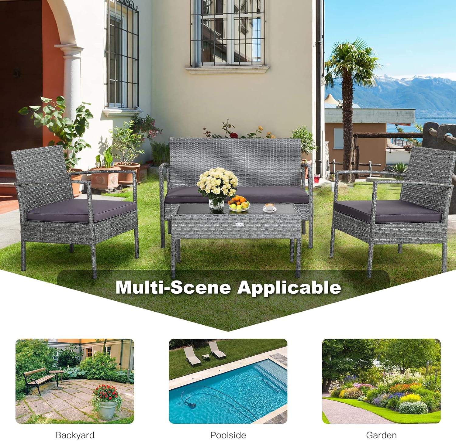 Tangkula 4 Piece Patio Furniture Set, Patiojoy Outdoor Wicker Conversation with Soft Cushion, Glass Tabletop, Solid Steel Frame, Sectional Sofa for Backyard, Poolside, Balcony