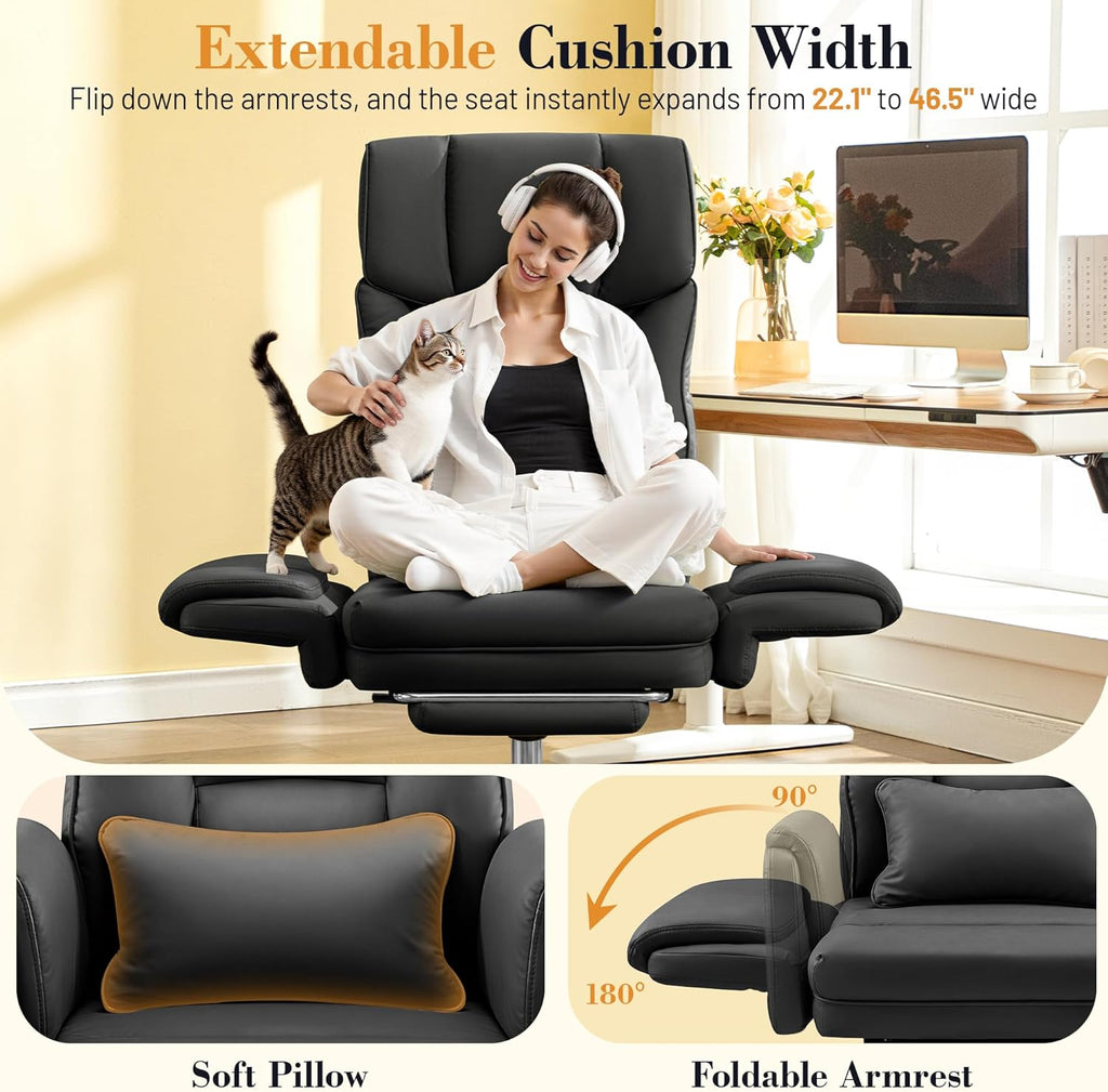 FelixKing Big and Tall Office Chair, 400LBS Wide Leather Executive Chair, Reversible Armrest for Pets Criss Cross Legged, 135° Reclining High Back Gaming Desk Chair with Lumbar Support Footrest, Black