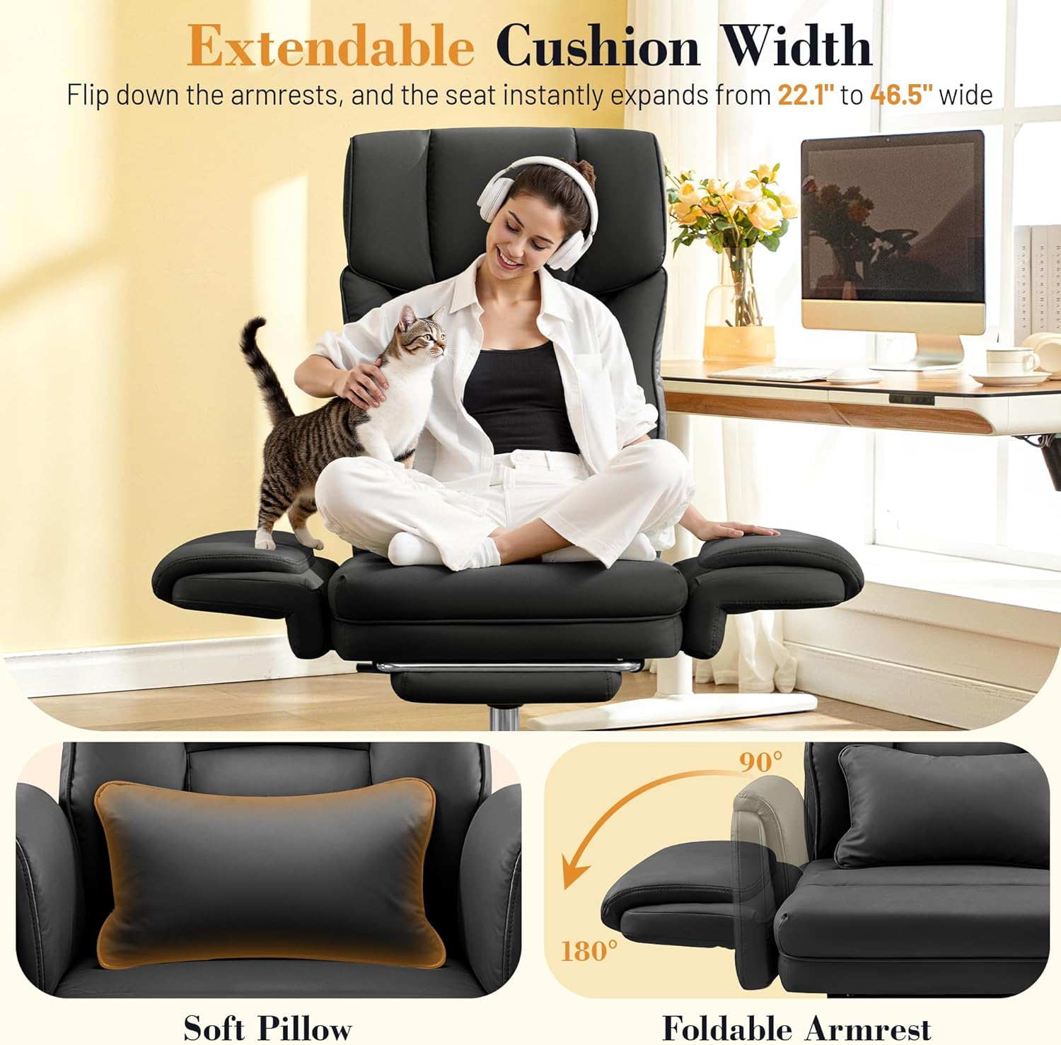 FelixKing Big and Tall Office Chair, 400LBS Wide Leather Executive Chair, Reversible Armrest for Pets Criss Cross Legged, 135° Reclining High Back Gaming Desk Chair with Lumbar Support Footrest, Black