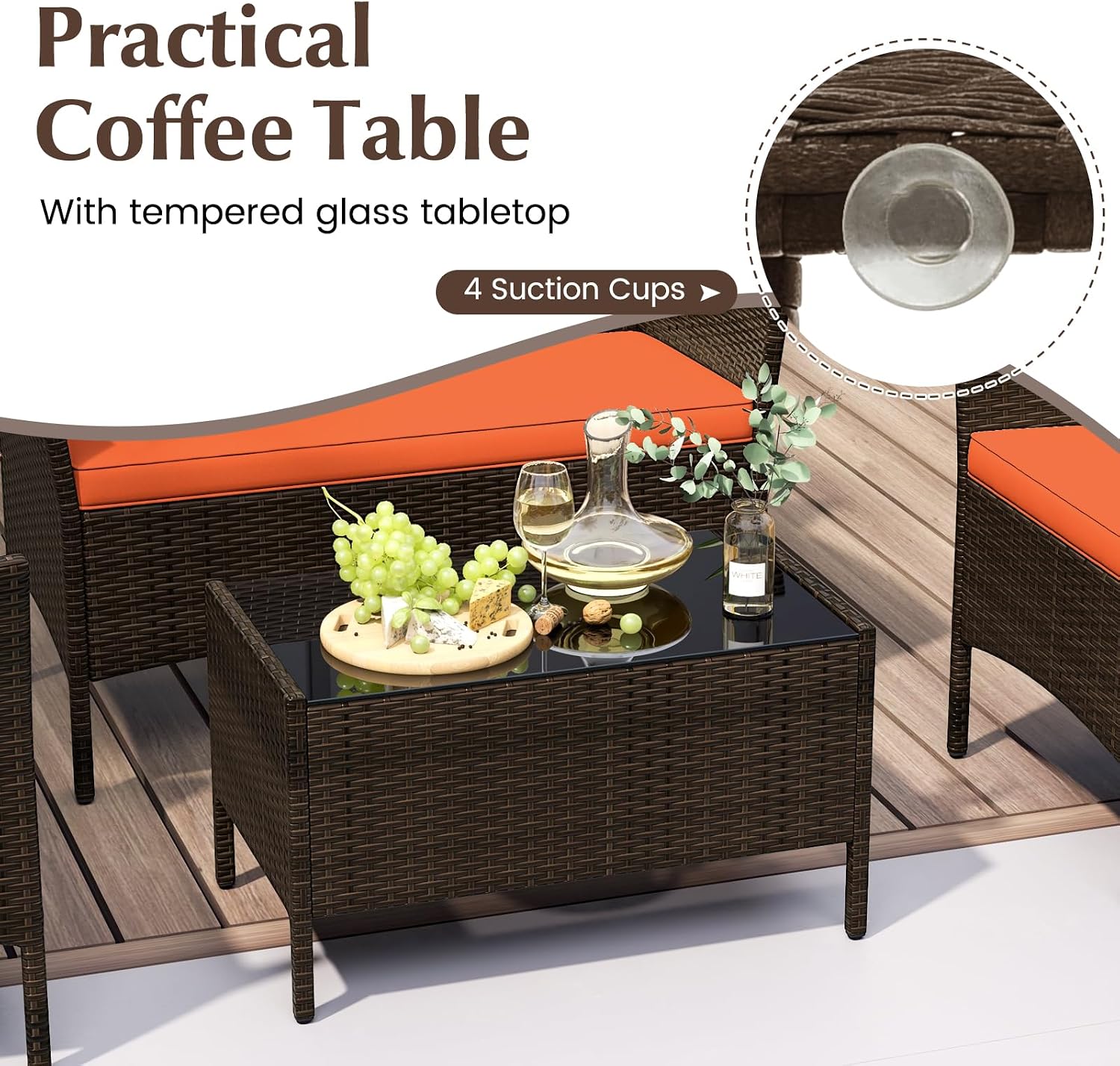 KOTEK 8 Piece Patio Furniture Set, Outdoor Rattan Conversation Set with Loveseat, Wicker Chairs, Tempered Glass Coffee Table, Wicker Patio Set for Backyard, Porch (Orange)