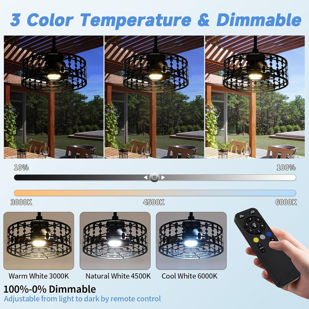 ZHENYANGL 18.9' Outdoor Ceiling Fan with Light and Remote LED Black Industrial Caged Ceiling Fan Light Fixture with Hook IP 54 Waterproof Plug in Fan Lights for Patios, Porch, Pergola, Canopy, Gazebo