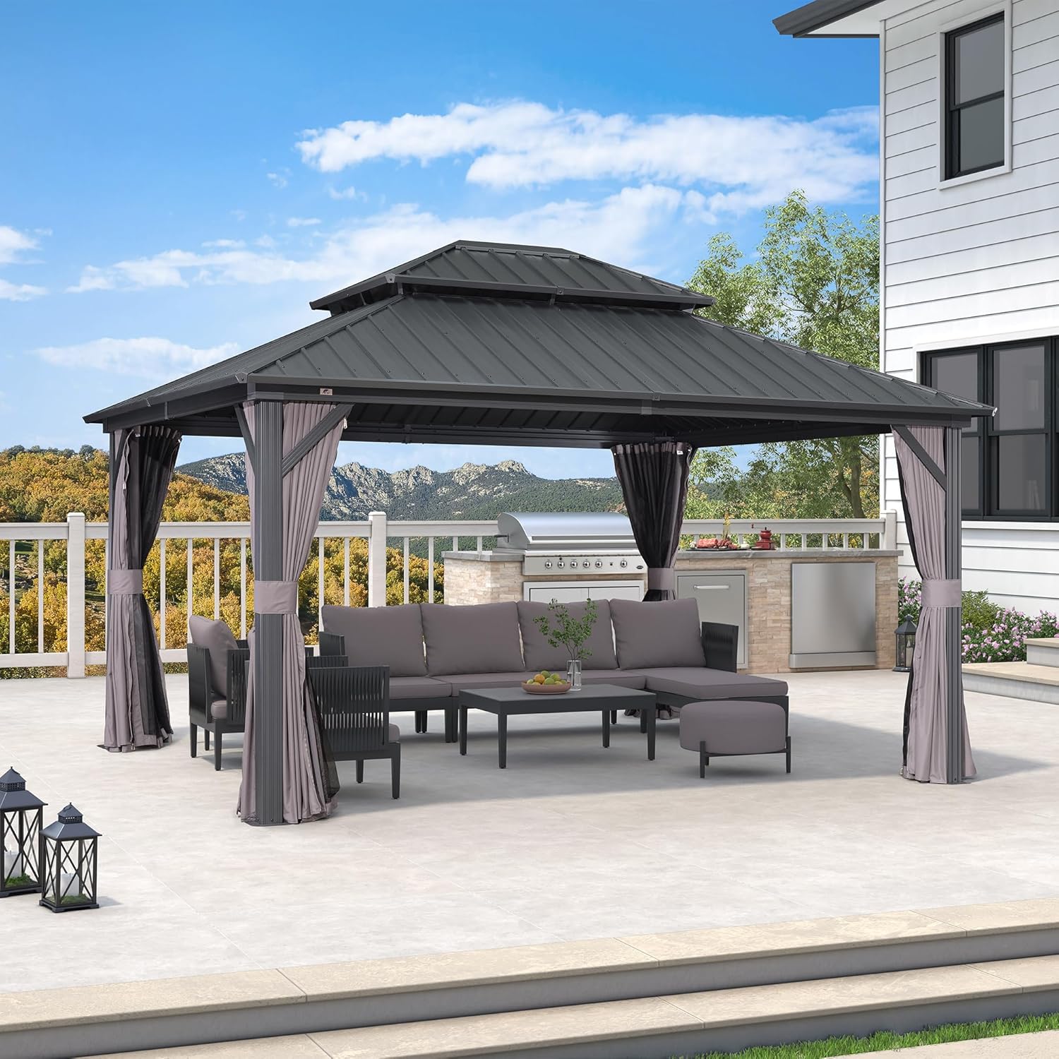 PURPLE LEAF 12' X 14' Hardtop Gazebo Patio Hardtop Gazebo with Heavy Duty Galvanized Steel Double Roof for Patio Lawn Garden, Netting and Curtains Included, Grey