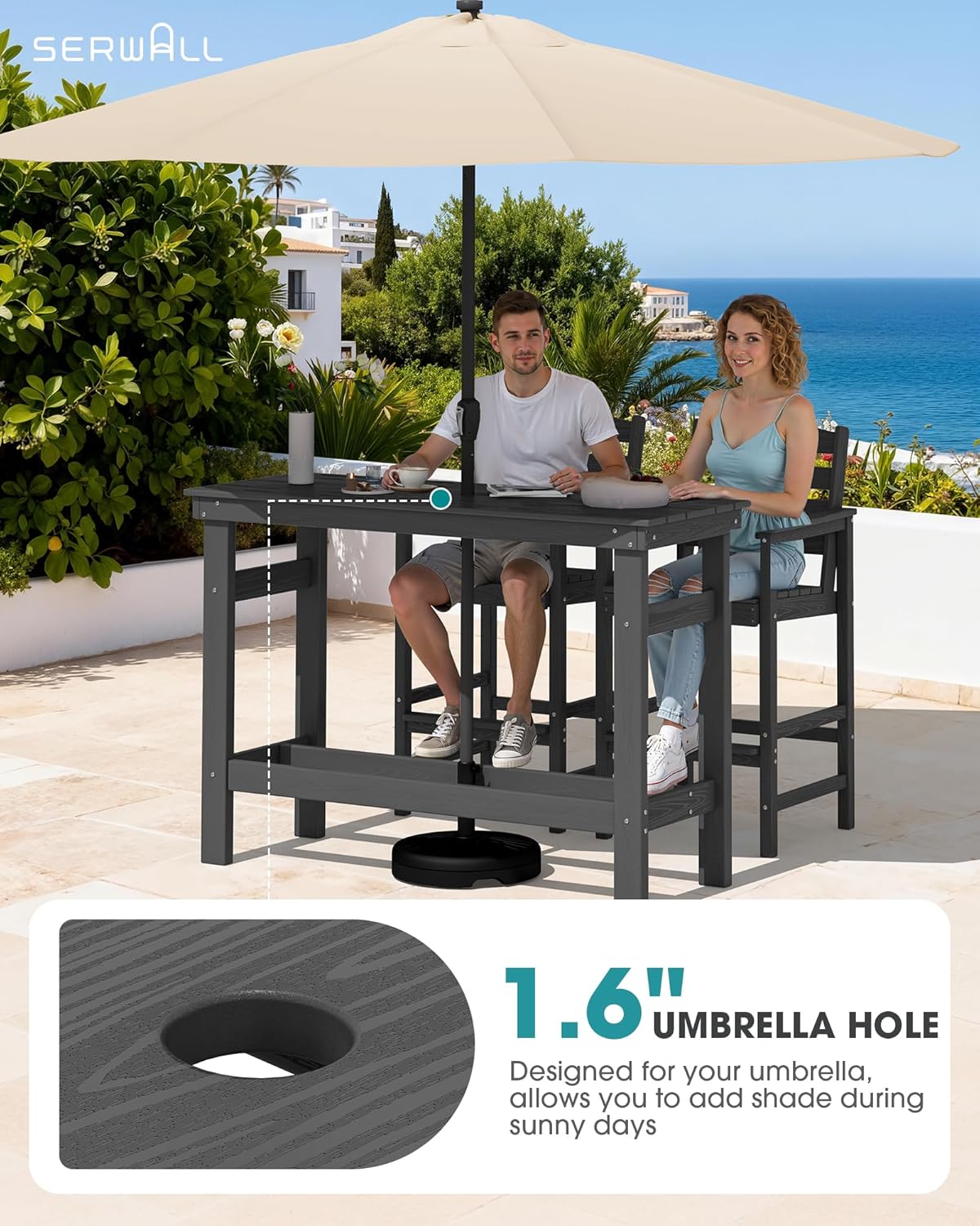 SERWALL Outdoor Bar Set - 2 Adirondack Bar Chairs & Bar Height Table with 1.6' Umbrella Hole, All-Weather HDPE Patio Furniture for Poolside, Backyard, Garden - Grey