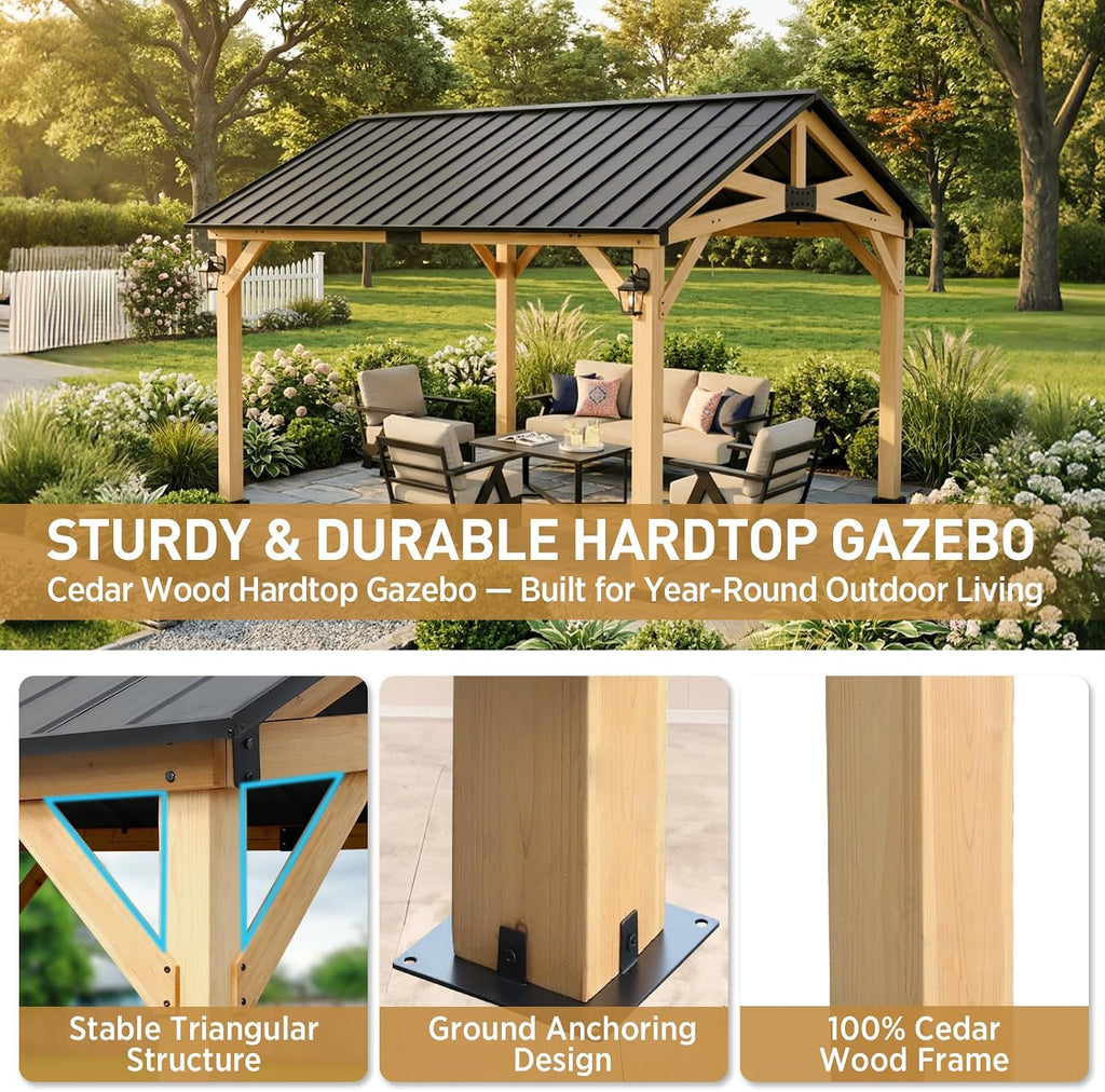 EAGLE PEAK 11x13 Hardtop Gazebo, Exposed Beam Rustic Gazebo, Galvanized Steel Gable Roof with Cedar Wood Frame, Outdoor Pavilion for Patio, Deck, Lawn and Garden Natural Wood/Black