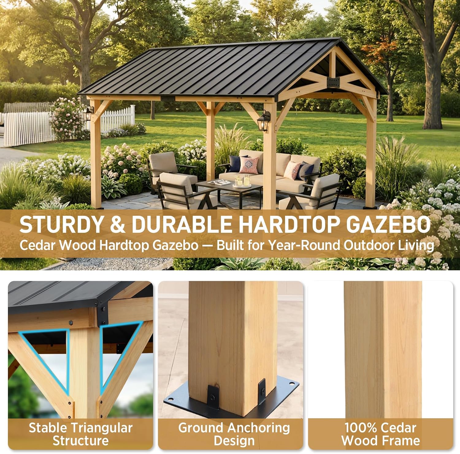 EAGLE PEAK 11x13 Hardtop Gazebo, Exposed Beam Rustic Gazebo, Galvanized Steel Gable Roof with Cedar Wood Frame, Outdoor Pavilion for Patio, Deck, Lawn and Garden Natural Wood/Black