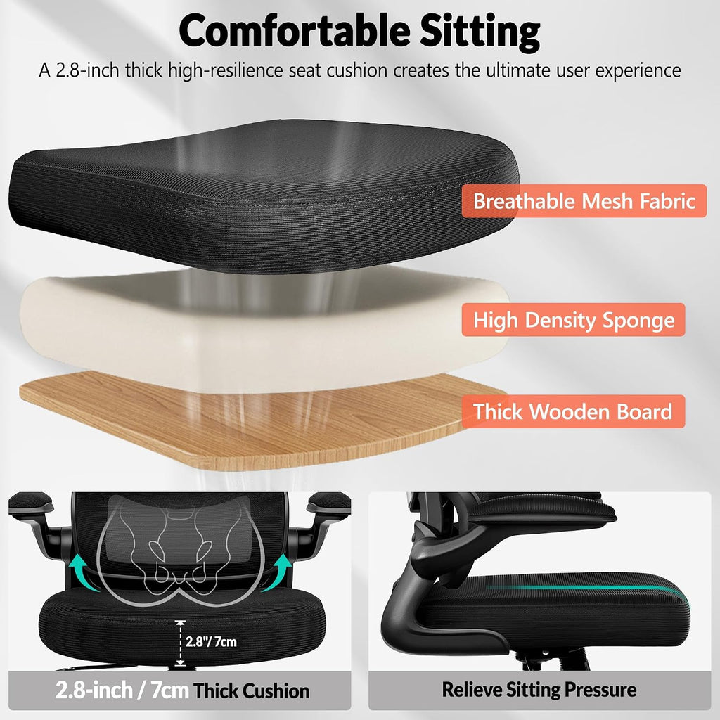 BESTFAIR Office Chair Ergonomic Desk Chair, Breathable Mesh Comfy Chair with Lumbar Support, Computer Chair, Home Desk Chair with Flip-up Armrests, Gaming Chair for Adults Home Office