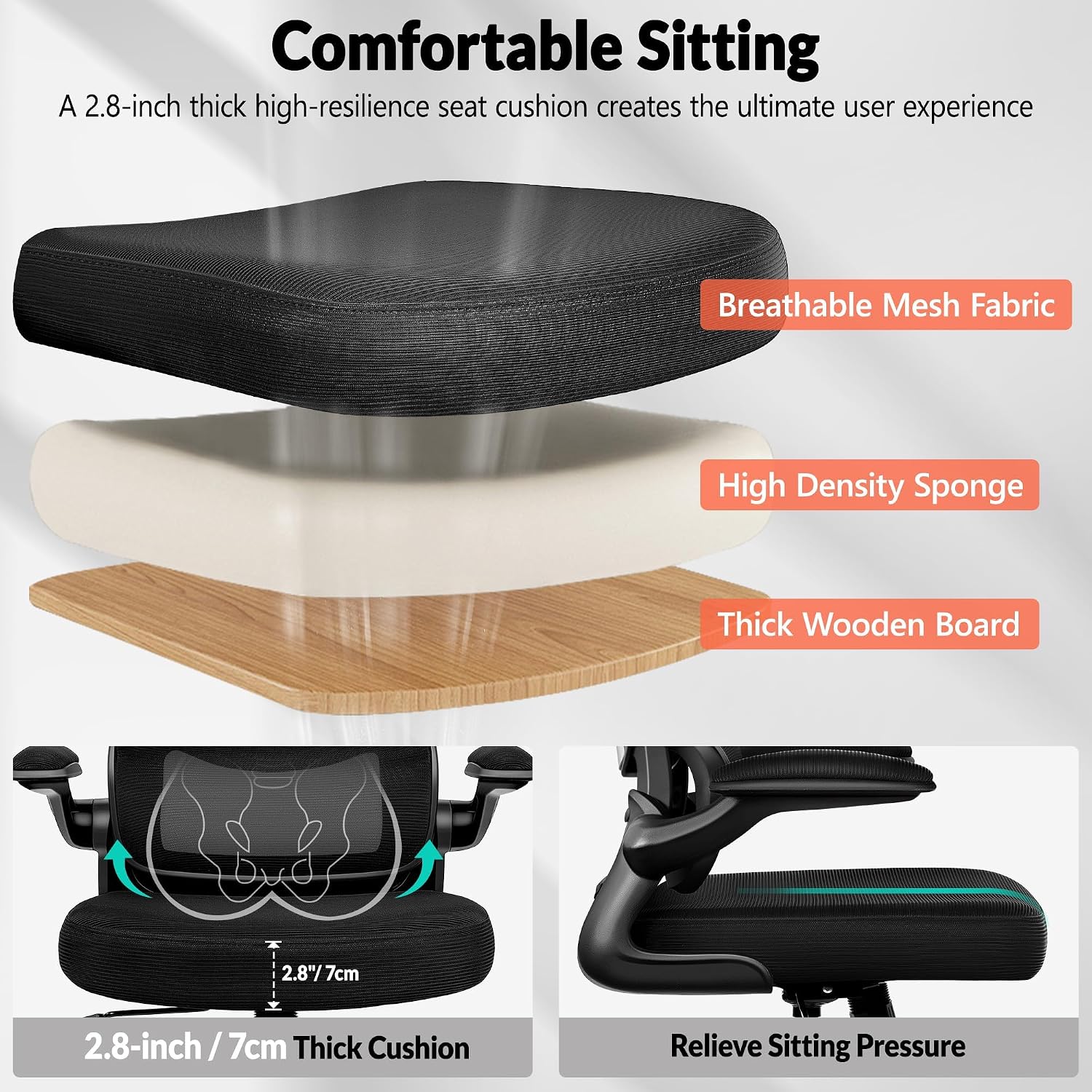 BESTFAIR Office Chair Ergonomic Desk Chair, Breathable Mesh Comfy Chair with Lumbar Support, Computer Chair, Home Desk Chair with Flip-up Armrests, Gaming Chair for Adults Home Office