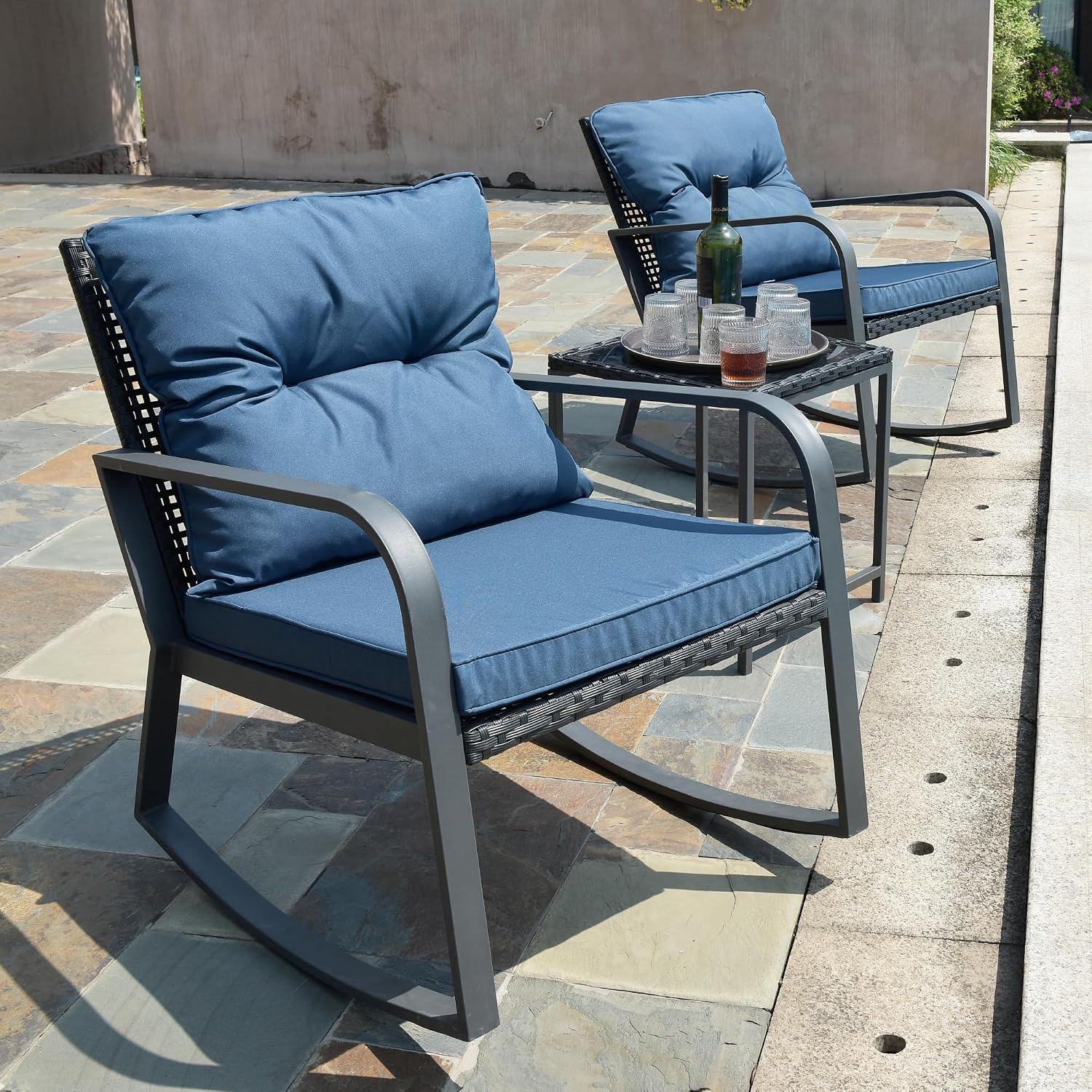3 Piece Rocking Bistro Patio Set, Outdoor Rocking Chair, Outdoor Bistro Sets Wicker Patio Furniture Rocking Chairs Sectional Couch with Tempered Glass Top Coffee Table & Cushions, Dark Blue