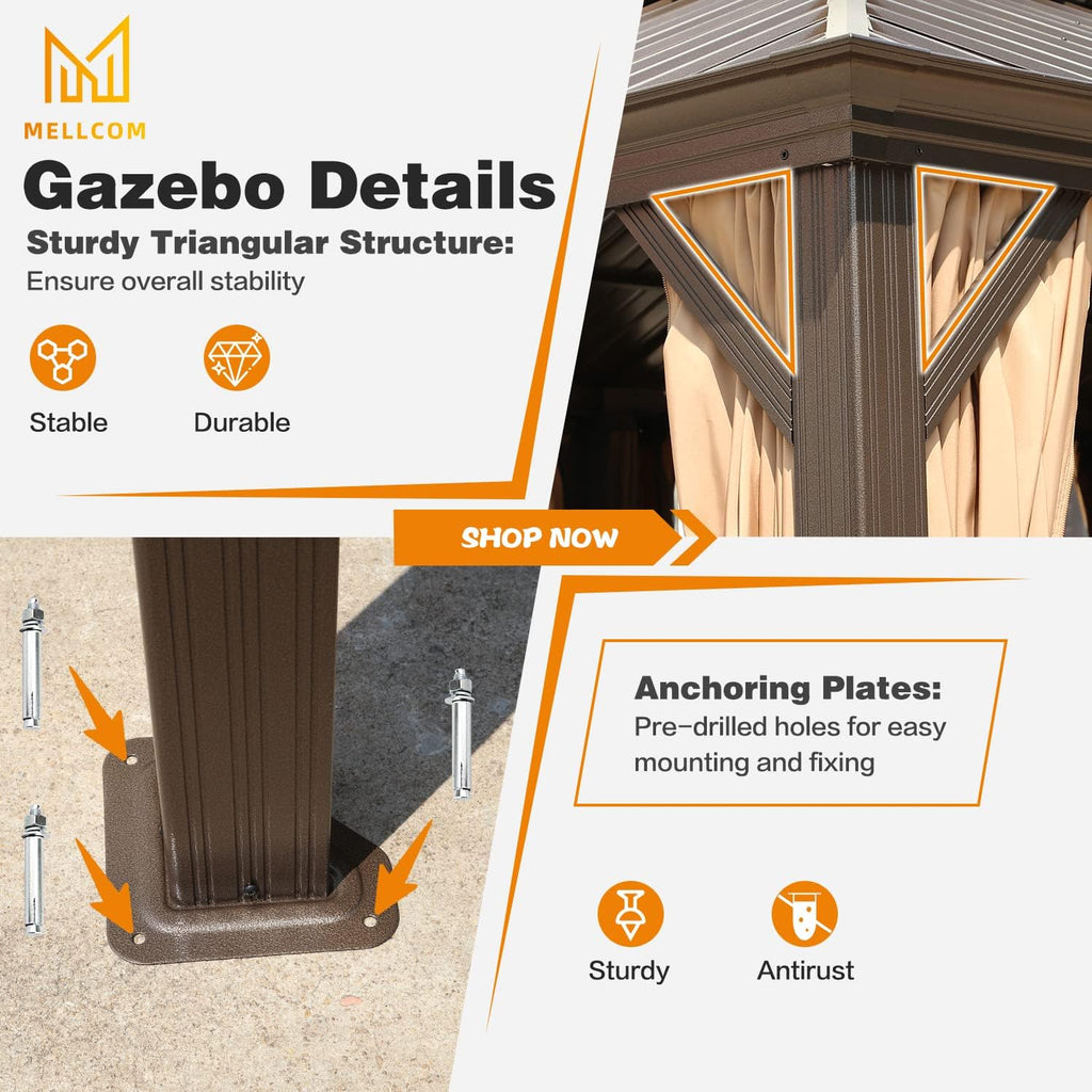 MELLCOM 14'x20' Hardtop Gazebo, Galvanized Steel Metal Double Roof Aluminum Gazebos with Curtain and Netting, Brown Permanent Pavilion Gazebo with Aluminum Frame for Patios, Gardens, Lawn
