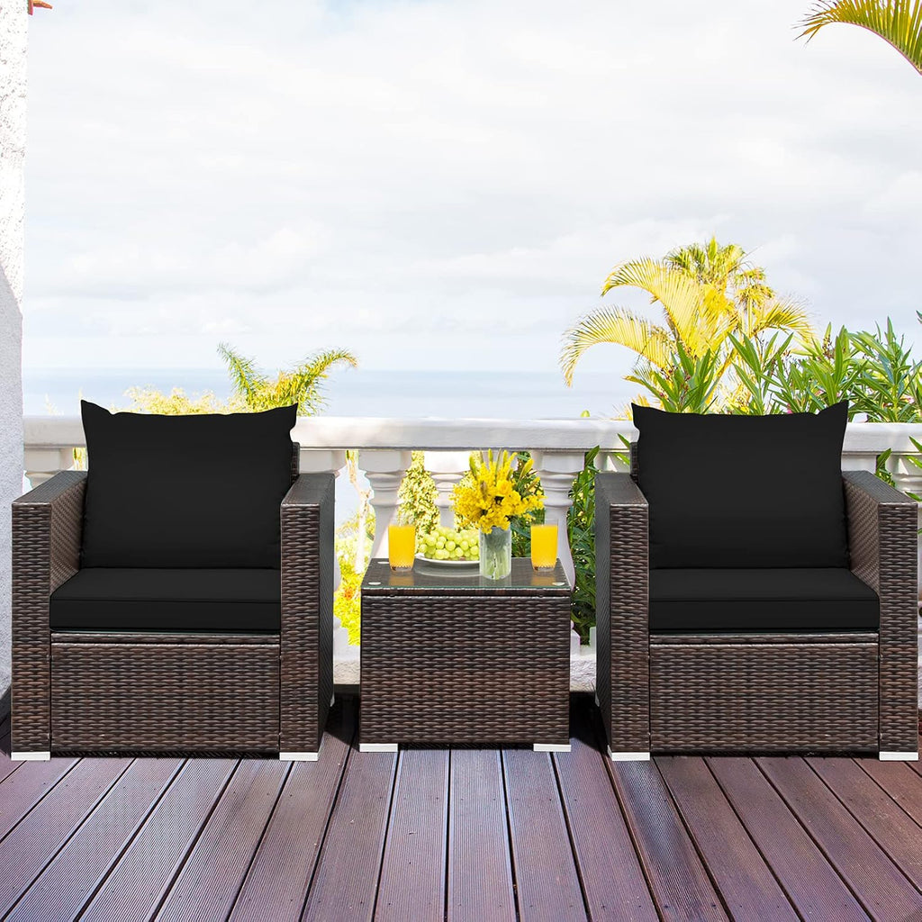 COSTWAY 3-Piece Patio Furniture Set, Outdoor Wicker Rattan Sofa with Cushions and Coffee Table with Tempered Glass, Modern Conversation Chair Set for Poolside Backyard Balcony Lawn (Black)