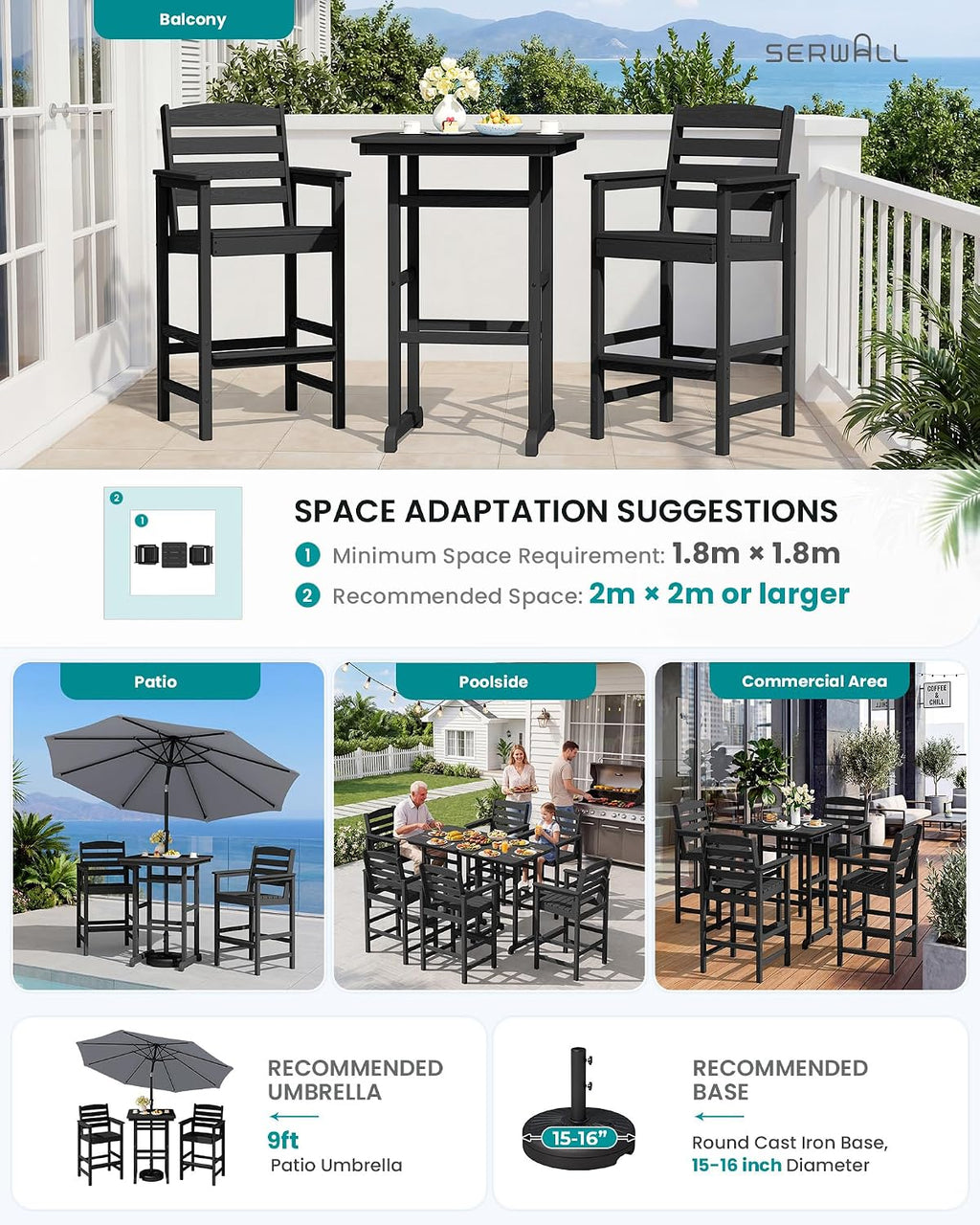 SERWALL 5-Piece Adirondack Bar Chairs Set, HDPE Adirondack Barstools with Pub Table, Outdoor Patio Bar Furniture for Bistro, Balcony, Poolside, Garden - Black