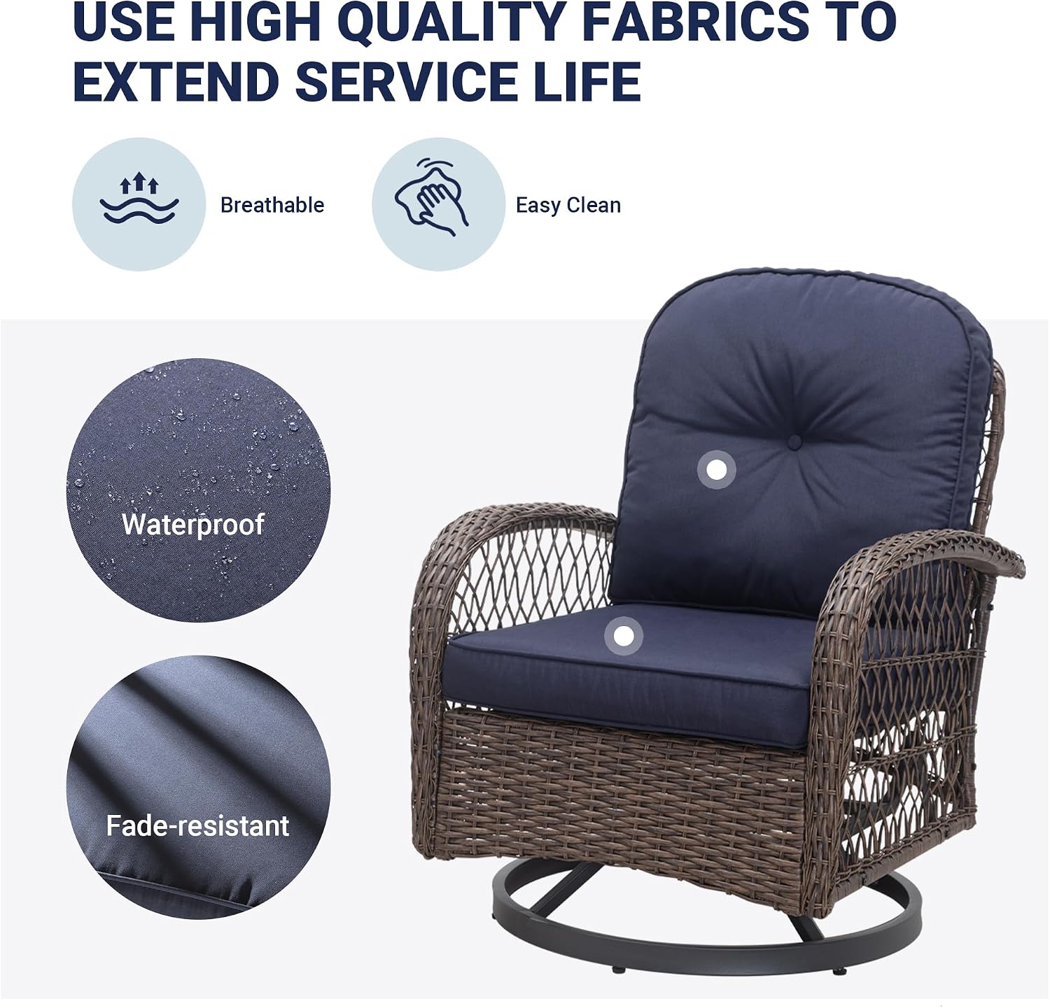 Allewie Patio Furniture Set, 3 Piece Wicker Patio Bistro Set Swivel Rocking Chairs Set of 2 with Coffee Table Outdoor Rattan Conversation Chairs for Porch Backyard Poolside, Blue