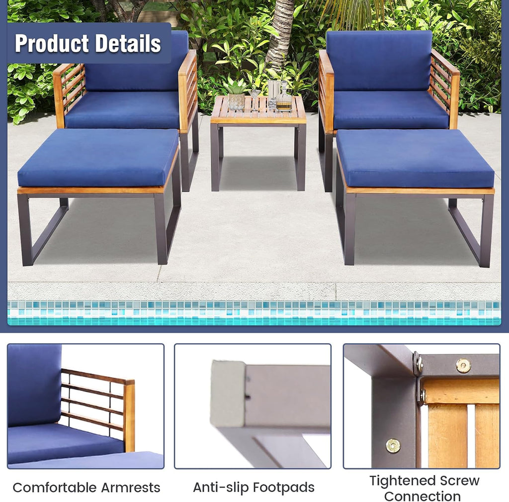 Tangkula 5 Pieces Acacia Wood Patio Furniture Set with Ottomans, Outdoor Conversation Set with Soft Cushions and Coffee Table for Poolside, Garden, Balcony and Backyard, Navy