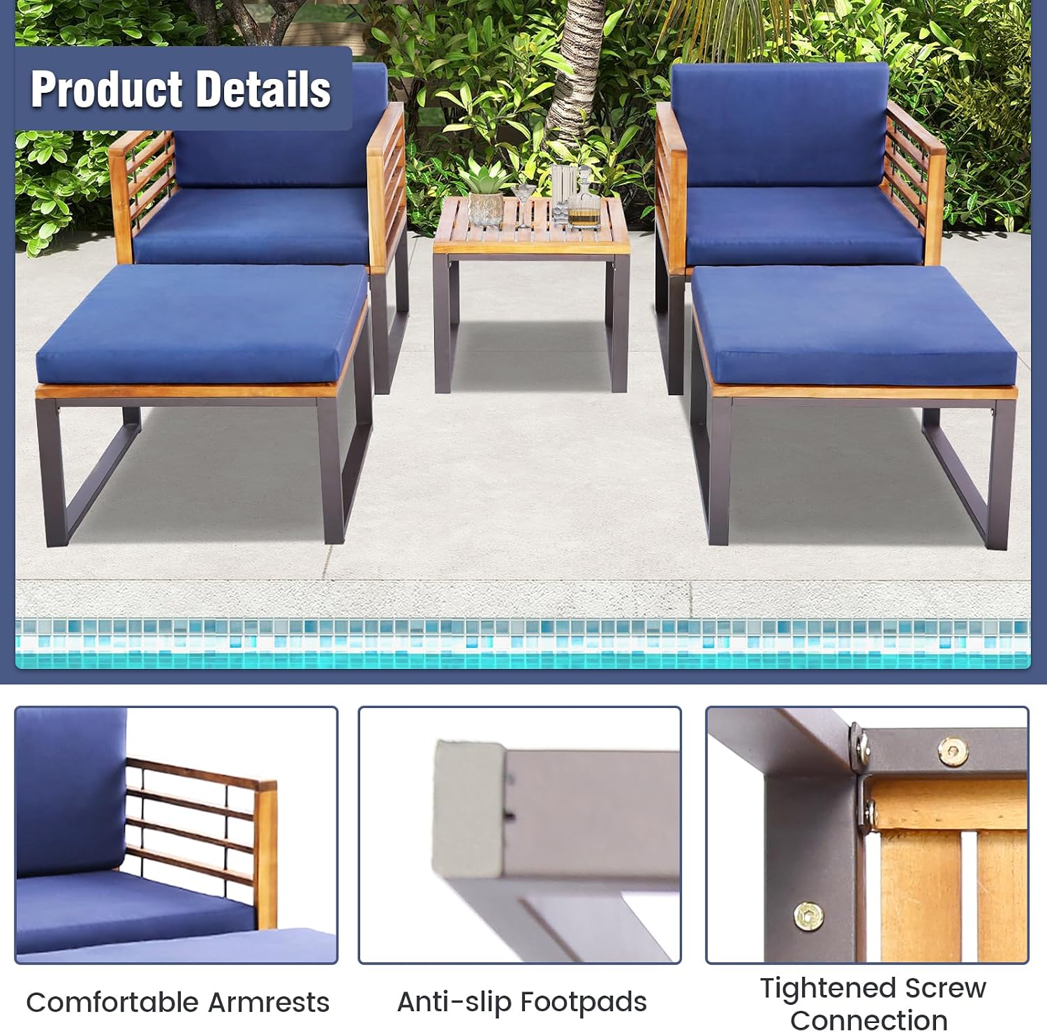 Tangkula 5 Pieces Acacia Wood Patio Furniture Set with Ottomans, Outdoor Conversation Set with Soft Cushions and Coffee Table for Poolside, Garden, Balcony and Backyard, Navy